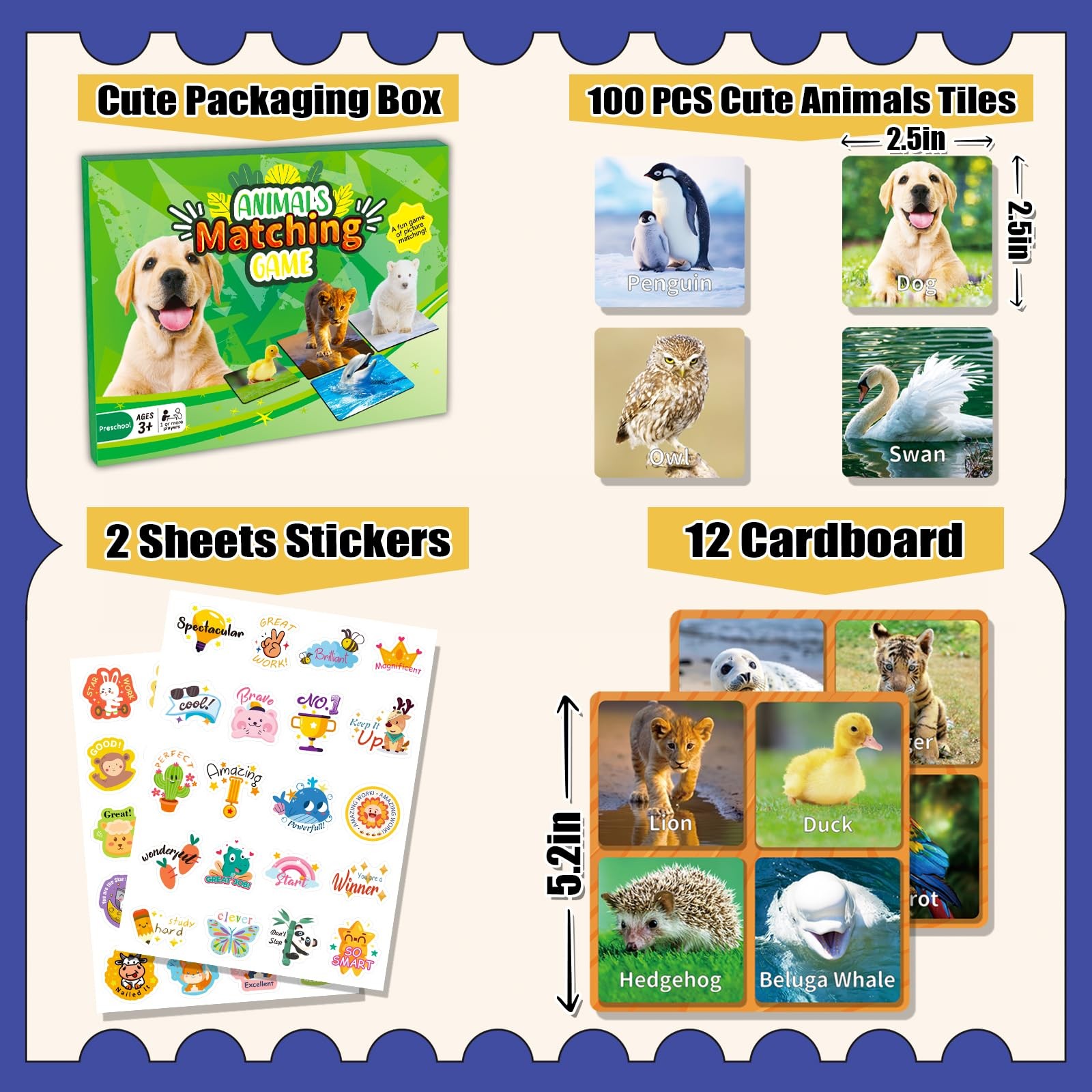 Animal Matching Game 100PCS – 50 Pairs Memory Cards for Kids Learning Fun