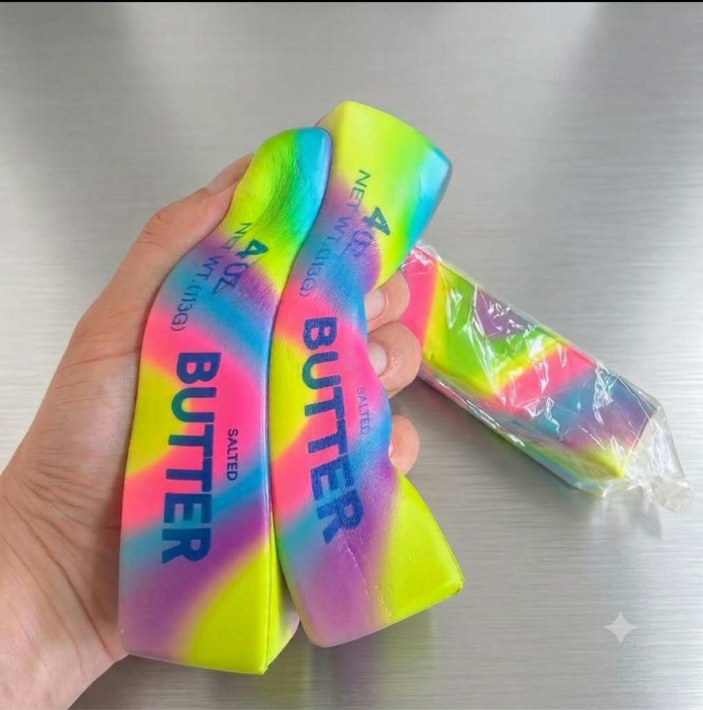 1 pc Rainbow Tie-Dye Butter Squishy Toy | Fake Food 4oz Stick Salted Butter Fidg
