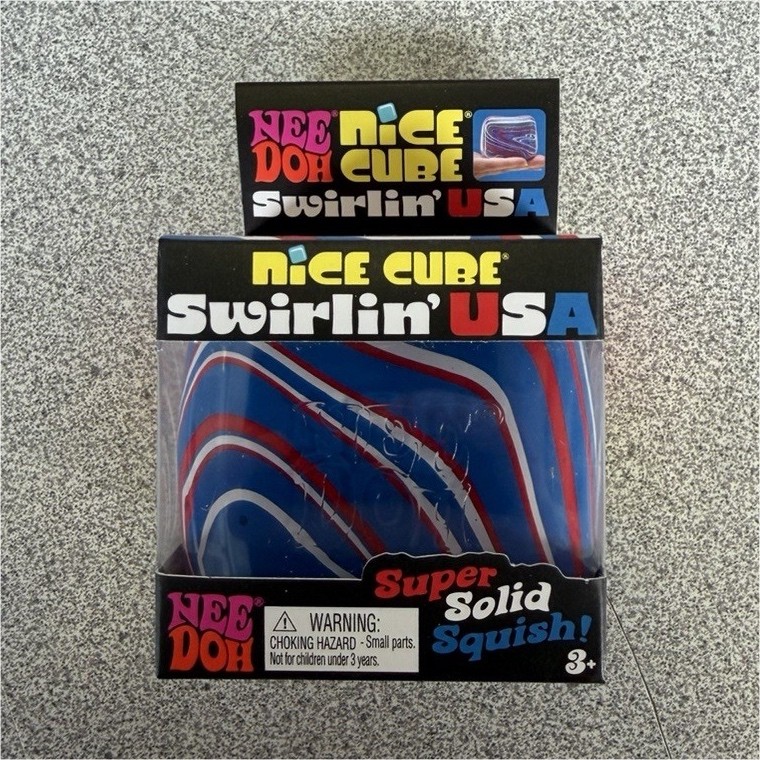 NeeDoh Nice Cube Swirlin’ USA Super Solid Squish Squeeze Toy Blue Red White