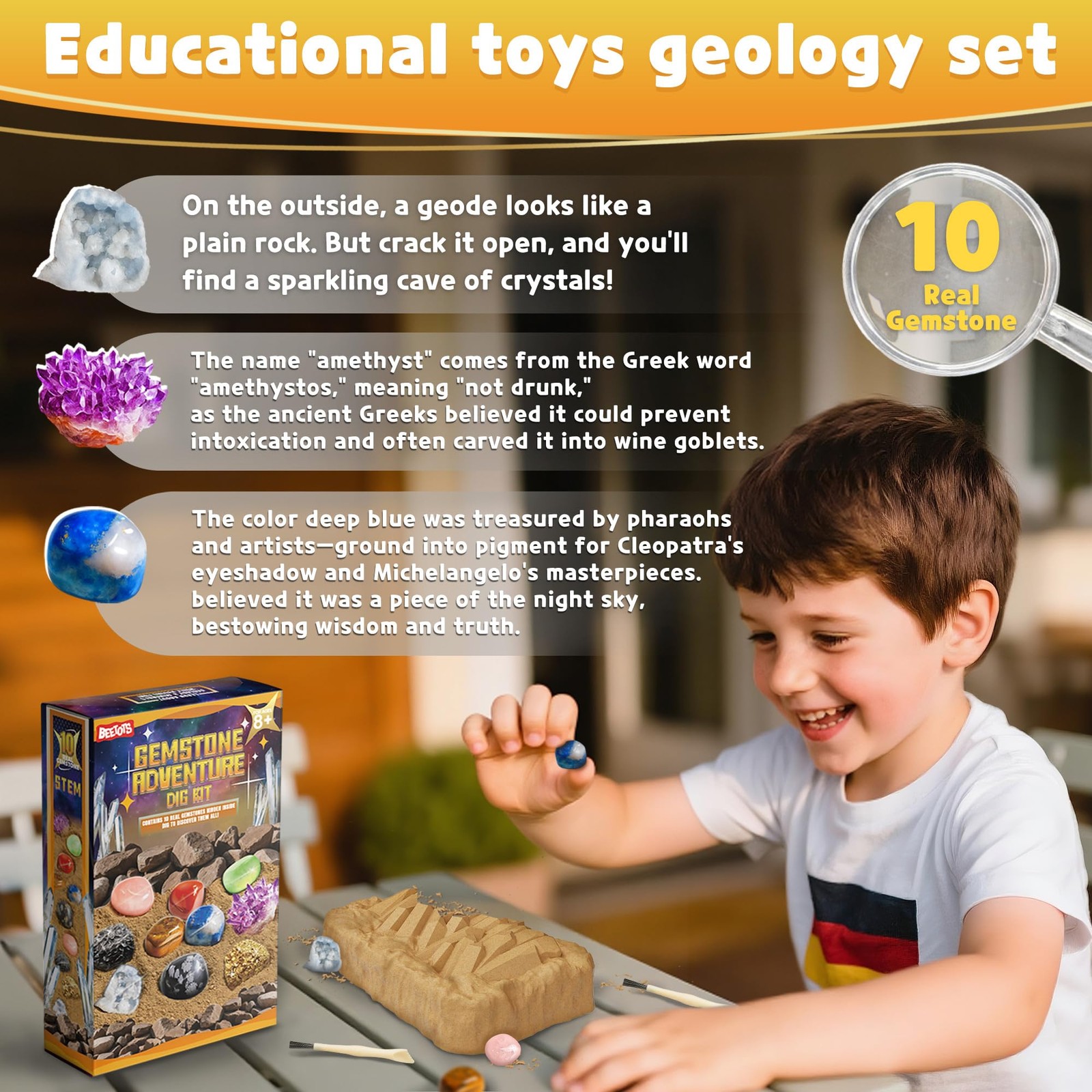 Gemstone Dig Kit for Kids with 2 Tools, Excavate 10 Real Gems, STEM Science M…