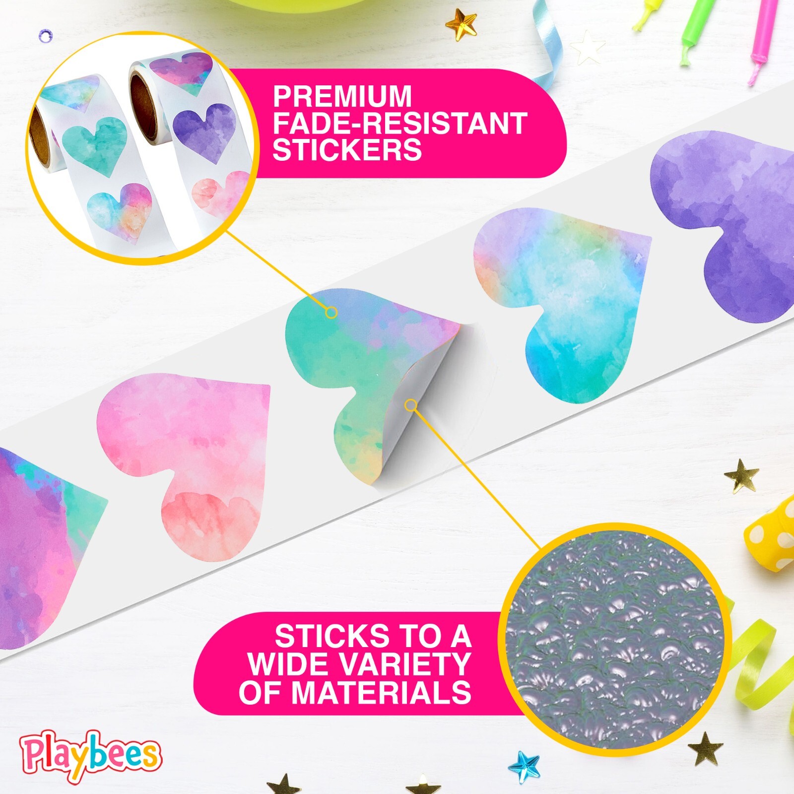 Watercolor Heart Stickers for Kids – 200 Pack of Rainbow Heart Themed Designs