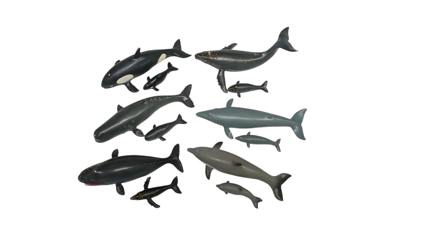 Vintage Whales Of The World 6 Whales w/ Babies 1990 Hard Rubber Toys, Zoobook