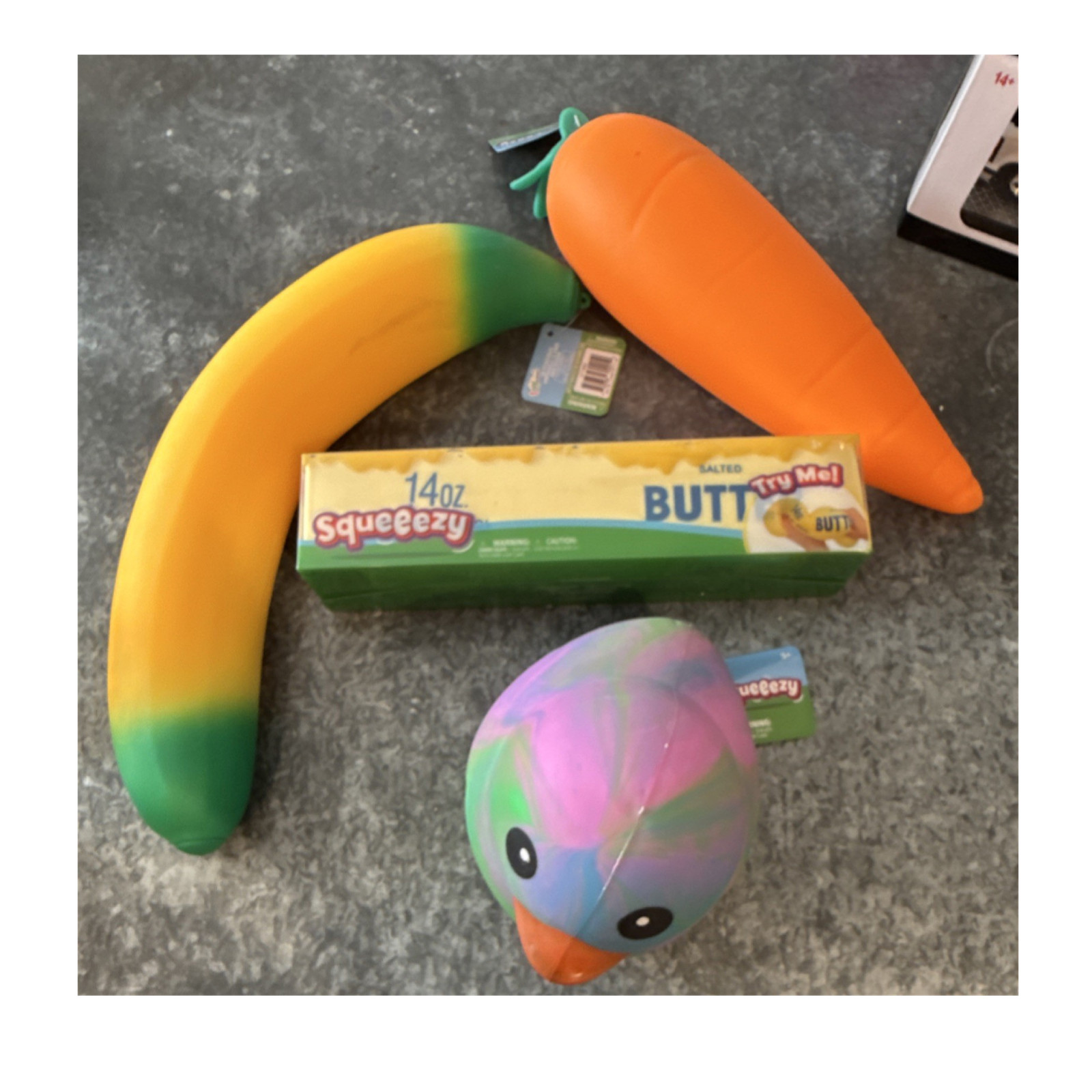 Squeezy Squish Toys Lot Banana, Carrot, Duck, Butter Stick (4 total)