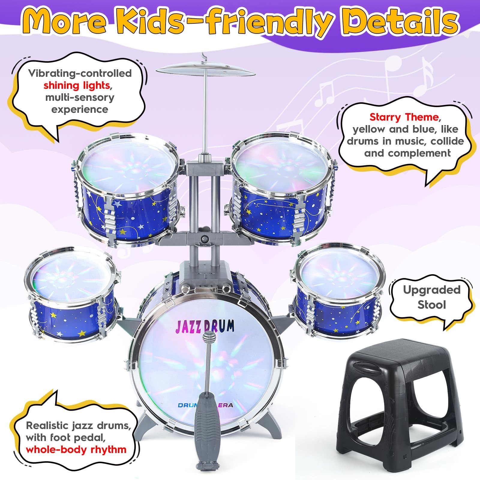 Upgraded Kids Drum Set – Light-Up Musical Toy for Toddlers 1-7, Jazz Drums for B
