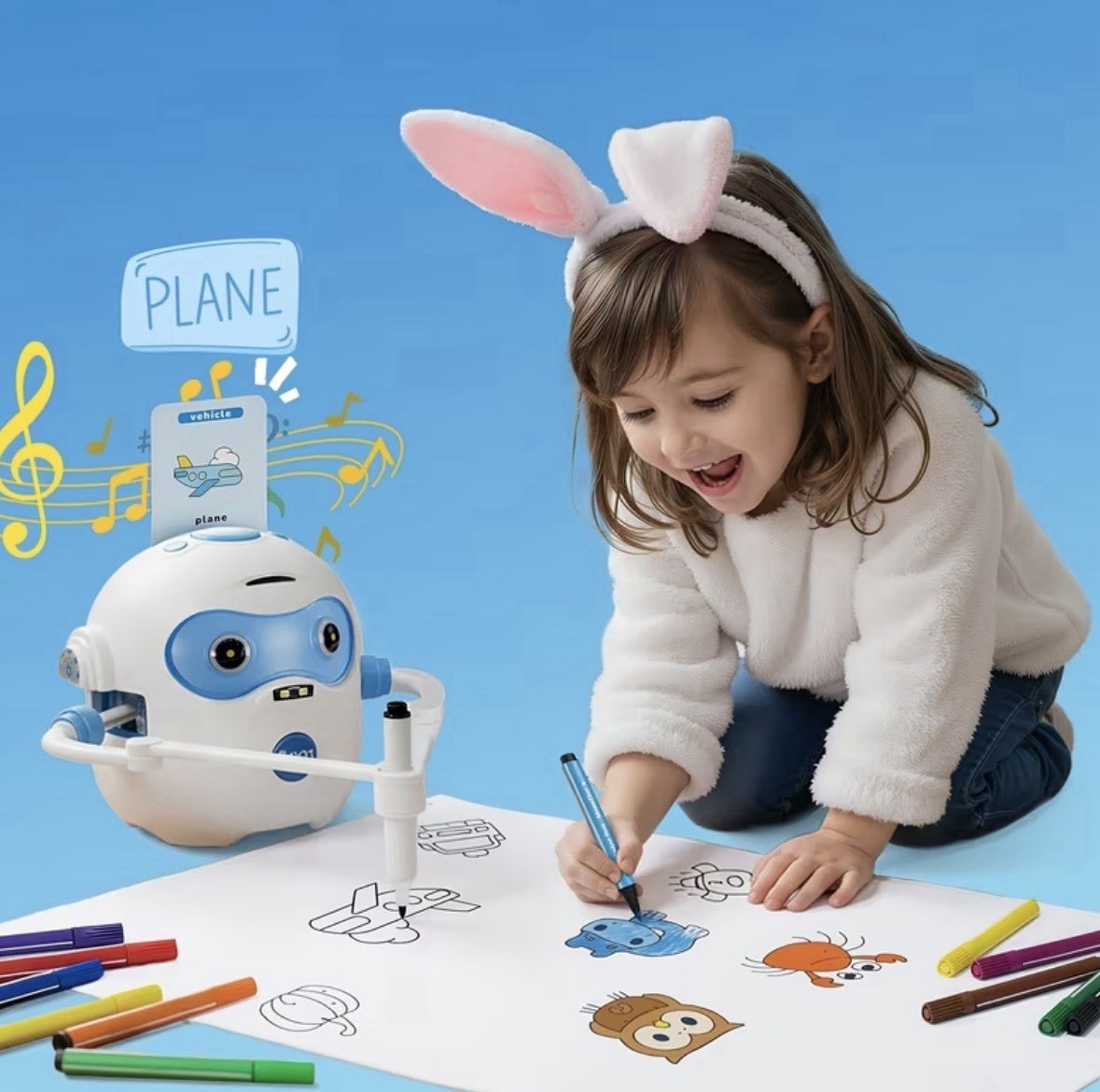 QIBOX Kids Drawing Robot Electronic Learning Toy Set w/ Cards & Markers 3+