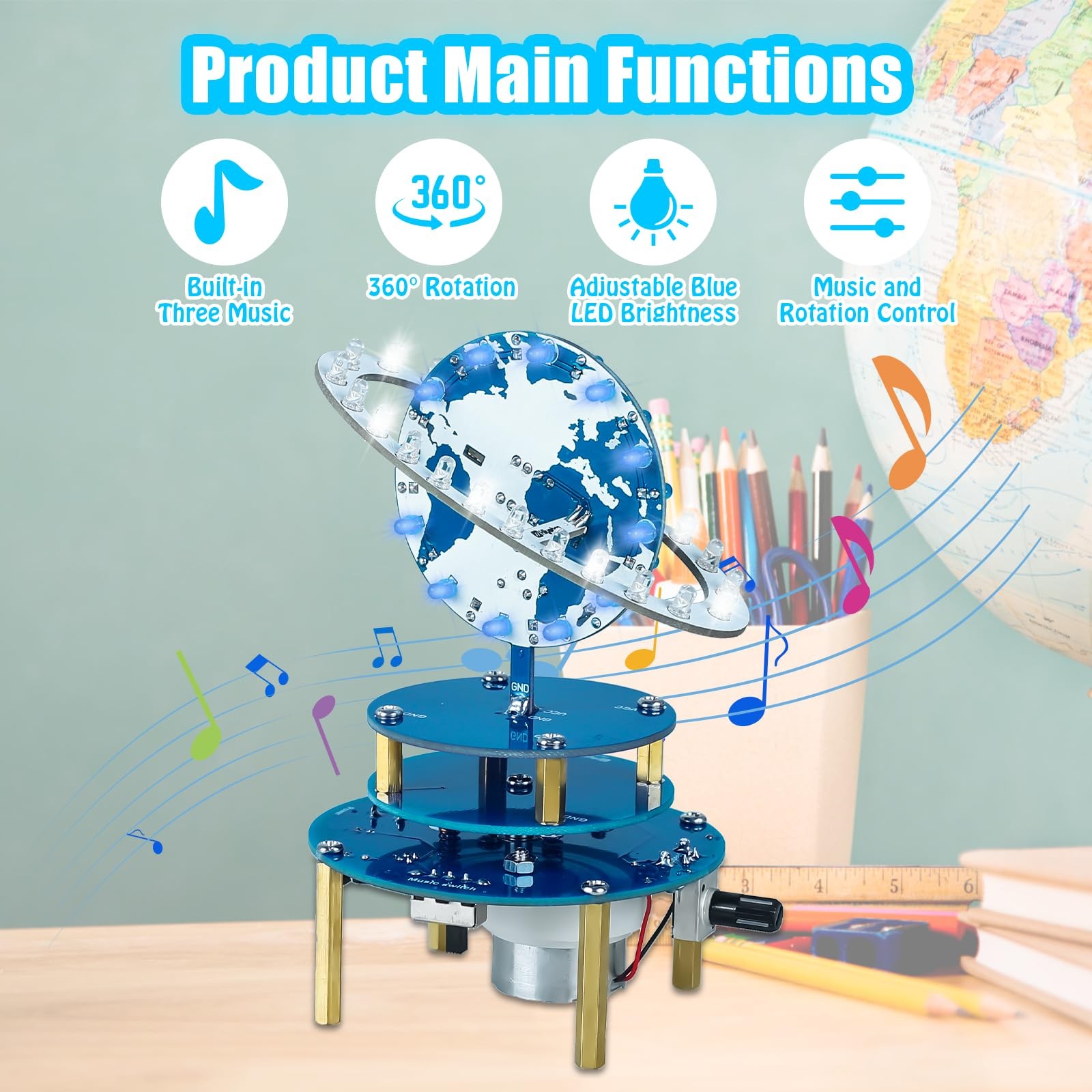 DIY Soldering Kit, Rotating Planet Globe with LED Light & Music, Adjustable B…