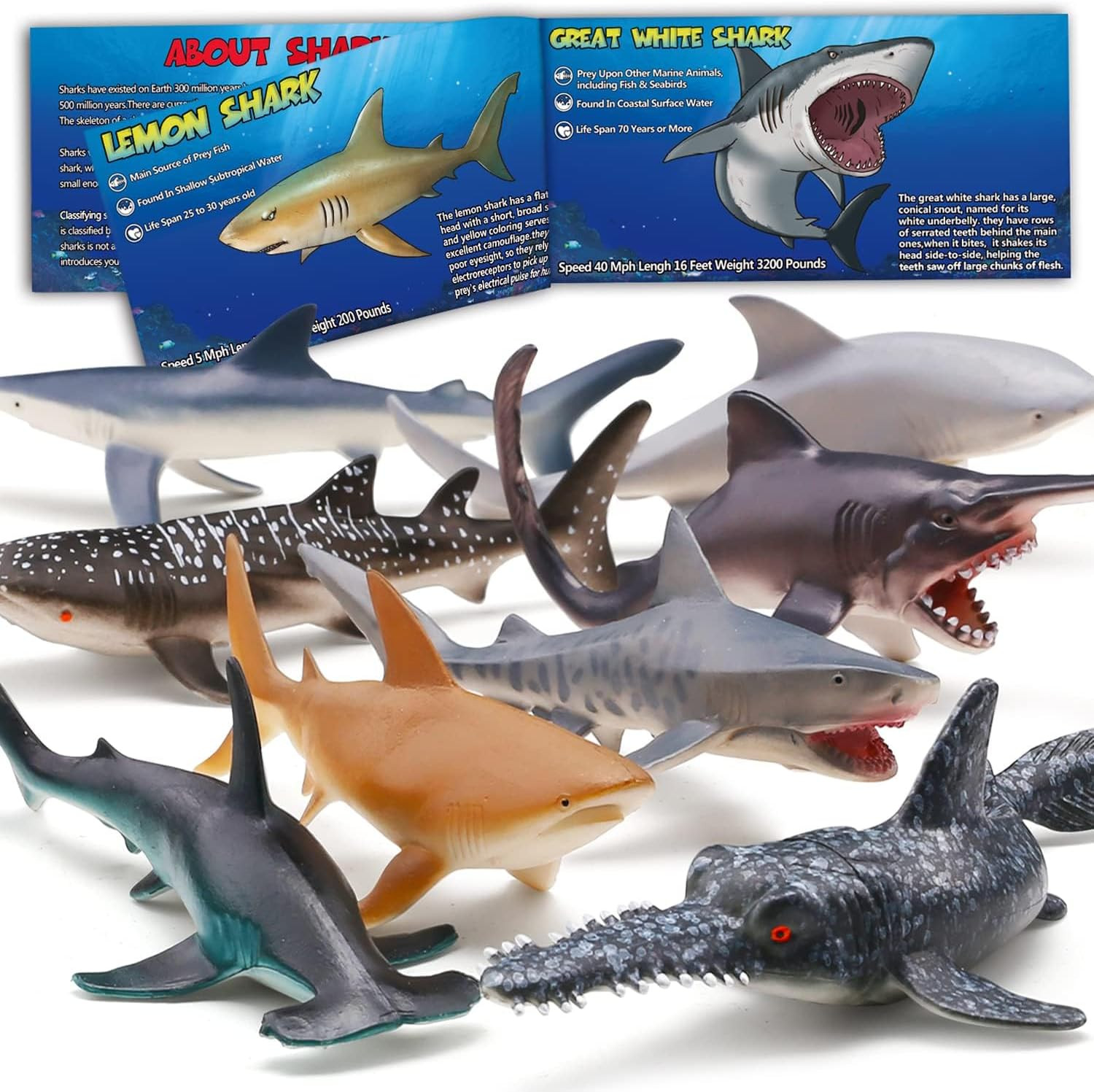8 Pack Shark Toys with Educational Booklet, Soft Plastic Realistic Shark Figure