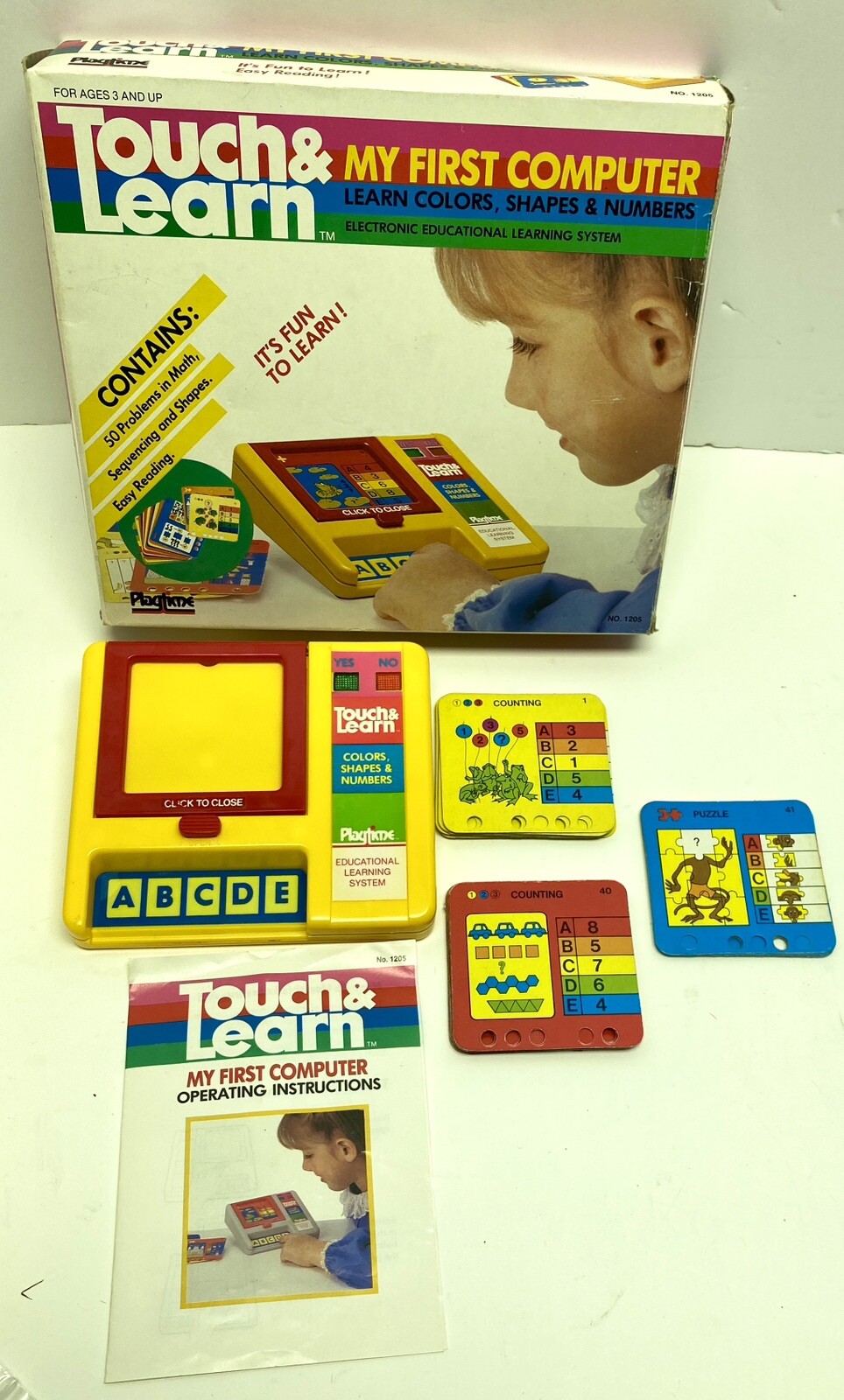 1987 PLAYTIME TOUCH & LEARN MY FIRST COMPLETE & WORKING W/50 PROBLEM CARDS & BOX