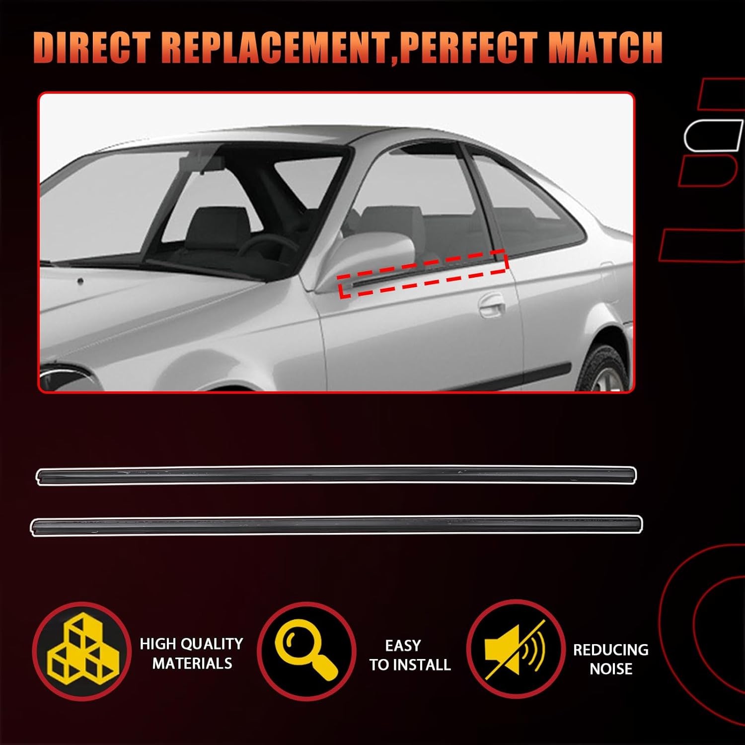 Front Door Window Belt Molding Weatherstrip Left and Right Compatible with Honda