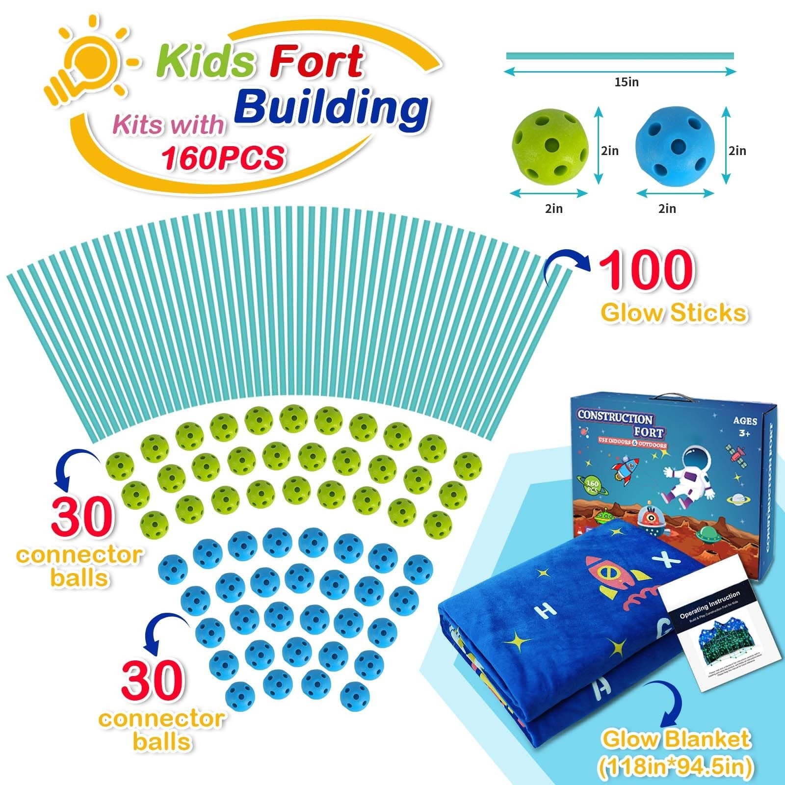 160PCS Kids Fort Building Kit Glow in the Dark Build a Fort with Blanket STEM…
