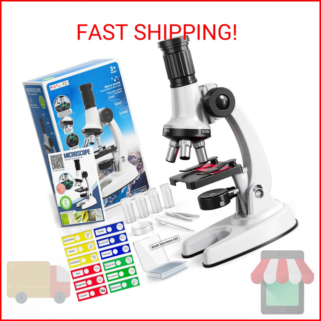 Novaluki 65 Pieces Microscope Kit for Kids Ages 5-7 8-13, 100X-1200X Magnificati