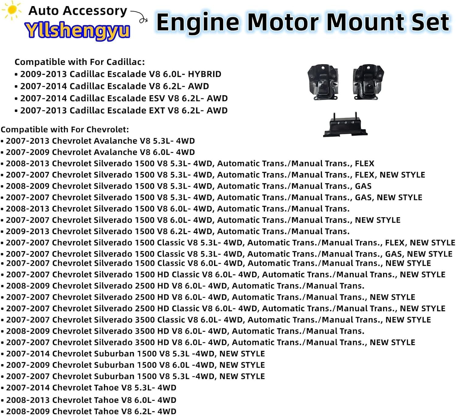 3Pcs Engine Motor Mount Kit – Compatible with Trucks & SUVs (Silverado 1500,