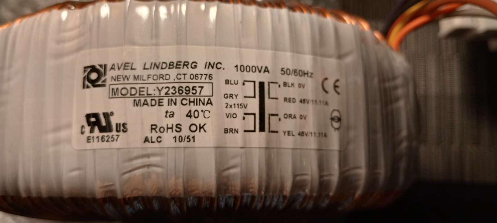 Avel Lindberg Y236957 1000VA 50/60Hz Toroidal Transformer