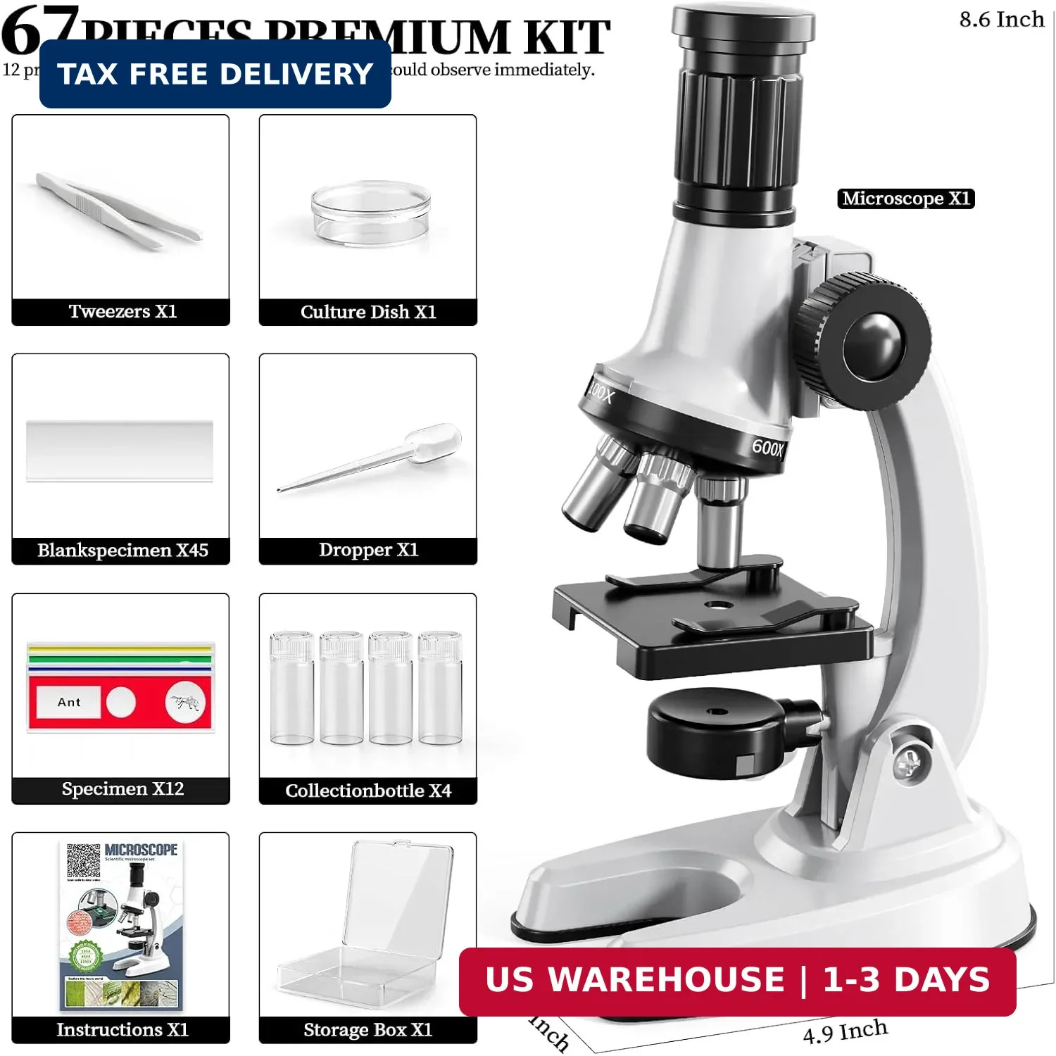 65 Pieces Microscope Kit for Kids Ages 5-7 8-13, 100X-1200X Magnification with 7