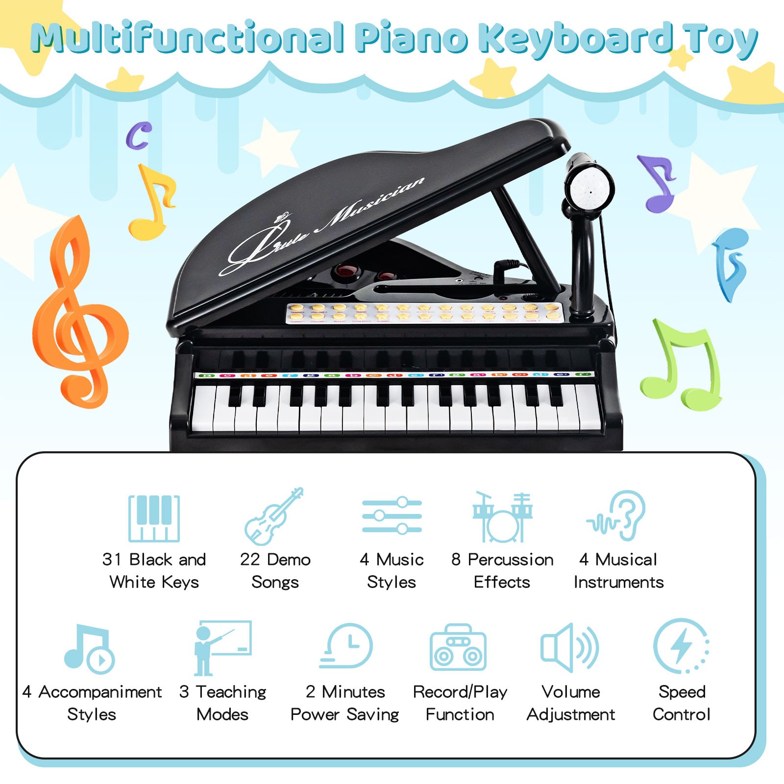 31 Keys Kids Piano Keyboard Toy Toddler Musical Instrument w/ Stool & Microphone