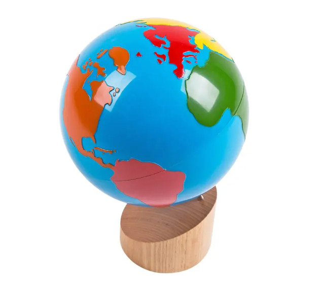 Montessori Colored Continents Globe- World Parts Globe with Wooden Base