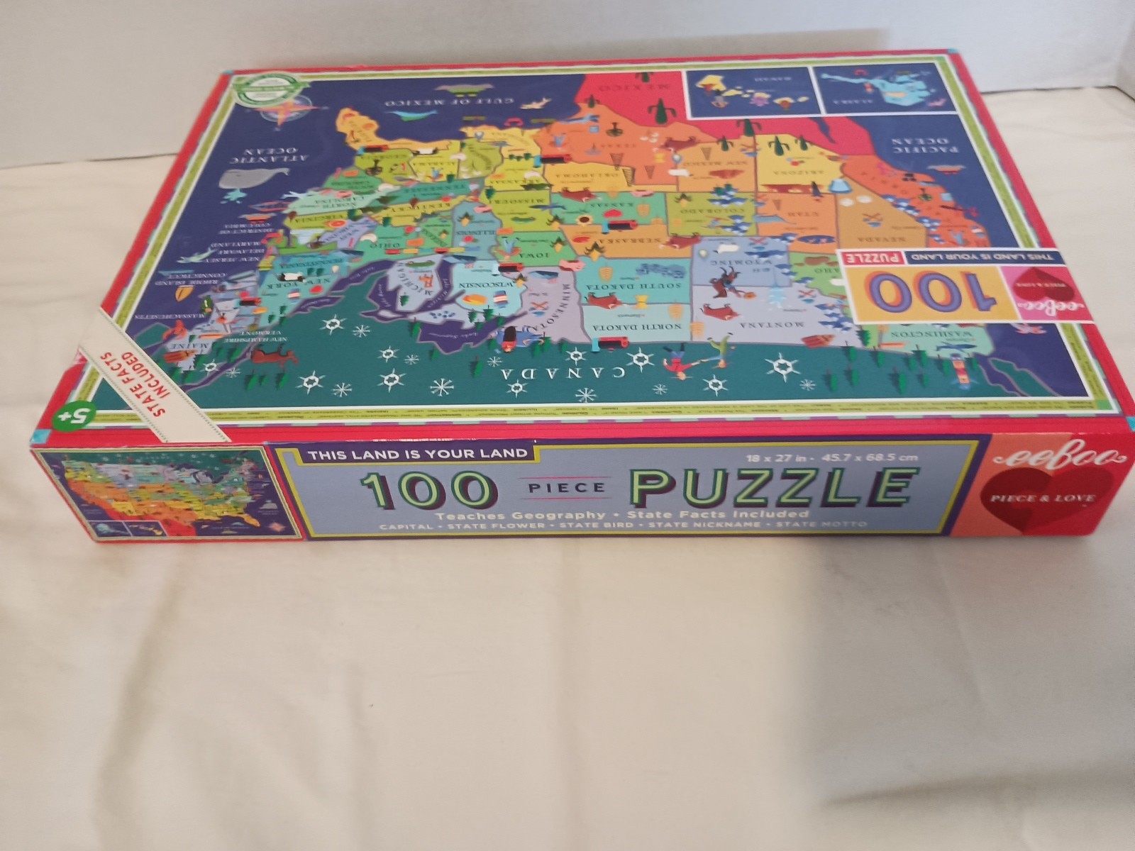 eeboo United States 100 pc Map Puzzle, NEW Open Box, Teacher, State Facts 18×27