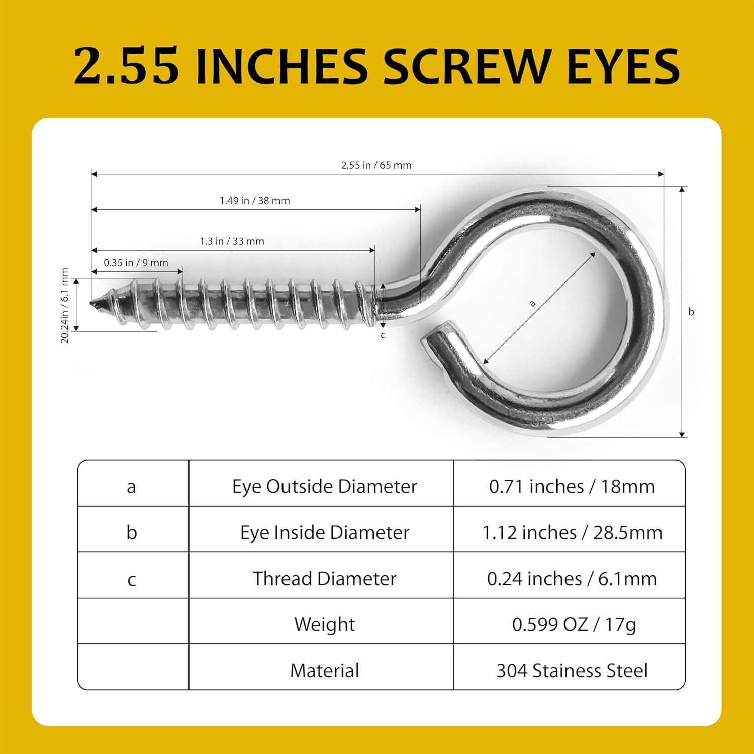 12 Pcs Screws Eye Hooks 2.56 Inch 304 Stainless Steel Heavy Duty Eye Hooks