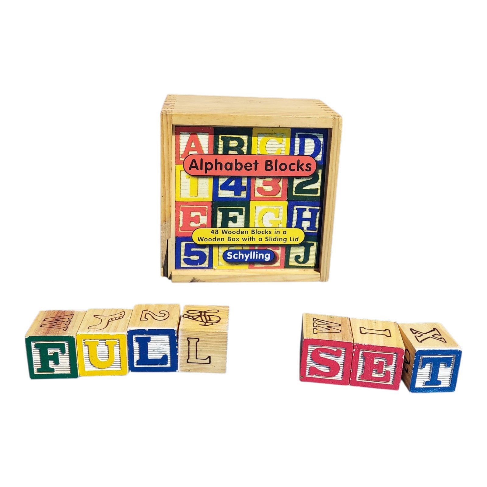 Schylling 48 Wood Blocks Alphabet Wooden Box Letter Number Alpha Play Toy Block