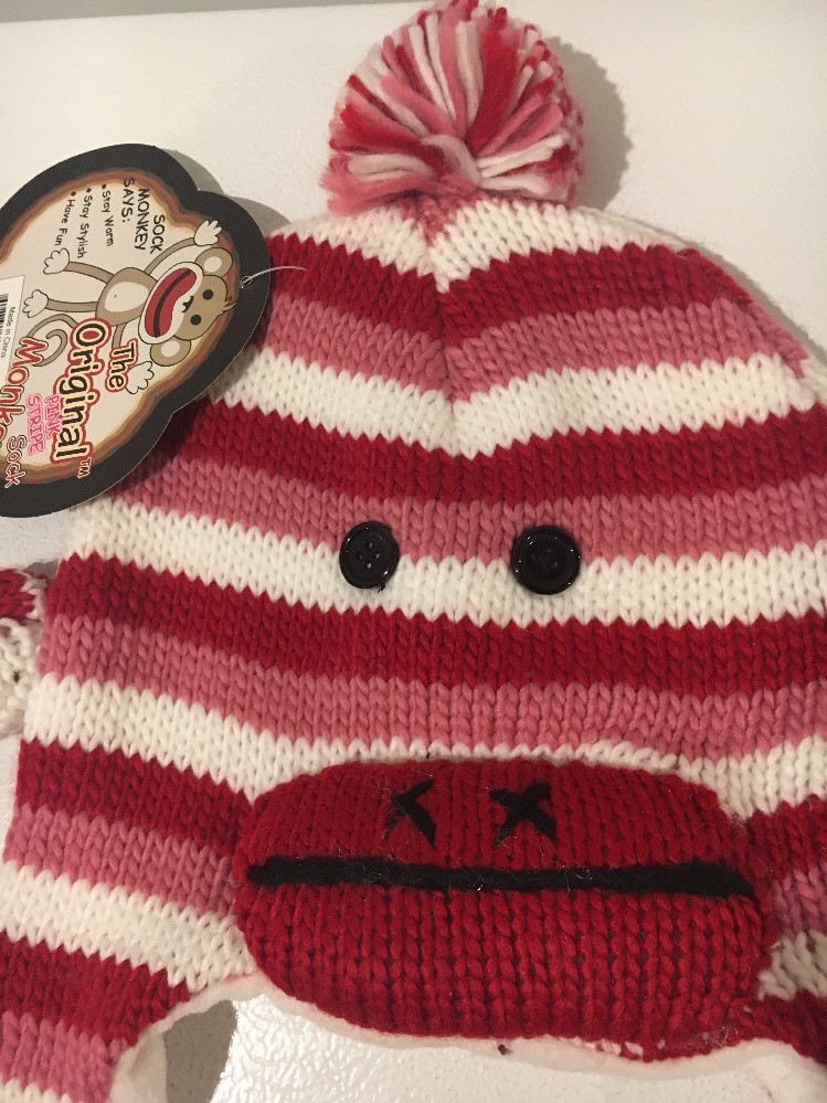 SOCK MONKEY Winter Hat/Cap ~Ear Flaps~Ladies/Girl’s/Women’s~One Size~Red/Pink