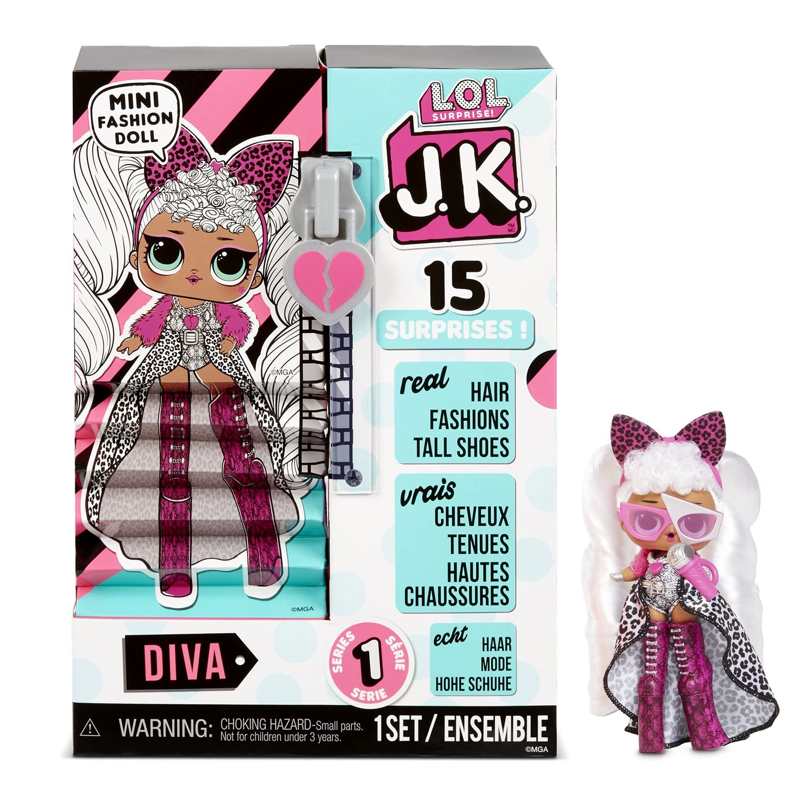 LOL Surprise JK Mini Fashion Doll Diva with 15 Surprises Including Dress Up Doll