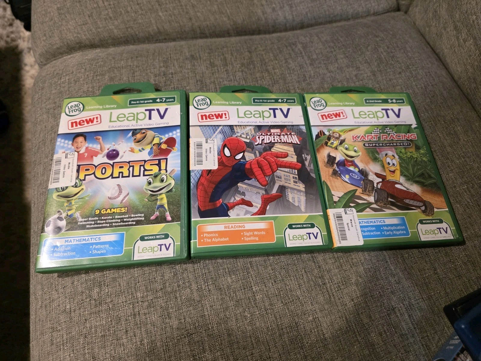 Lot Of 3 LeapFrog LeapTV Spider-Man, Kart Racing, Sports! Educational Games