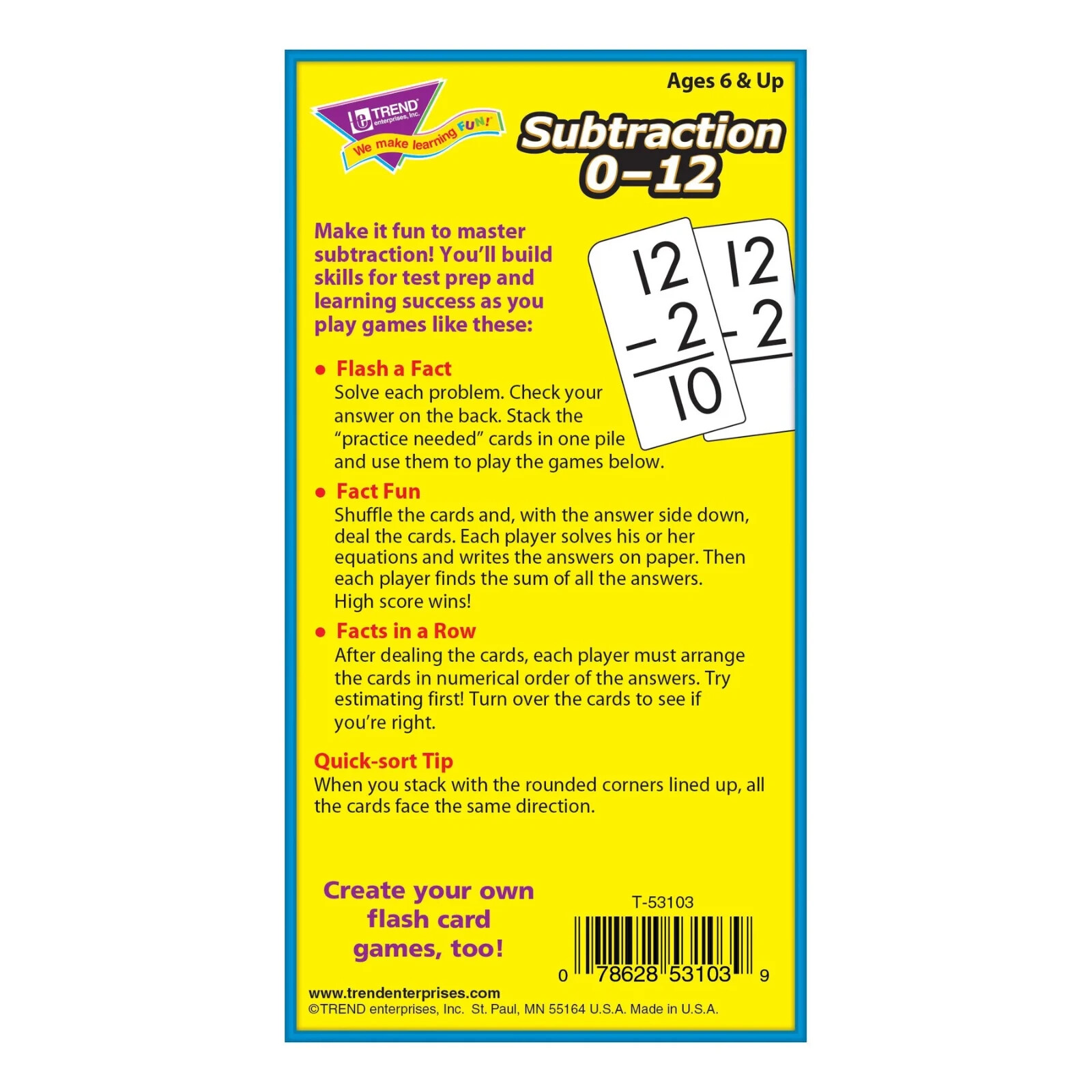 Trend Enterprises Subtraction 0-12 Skill Drill Flash Cards, Age 6 & up