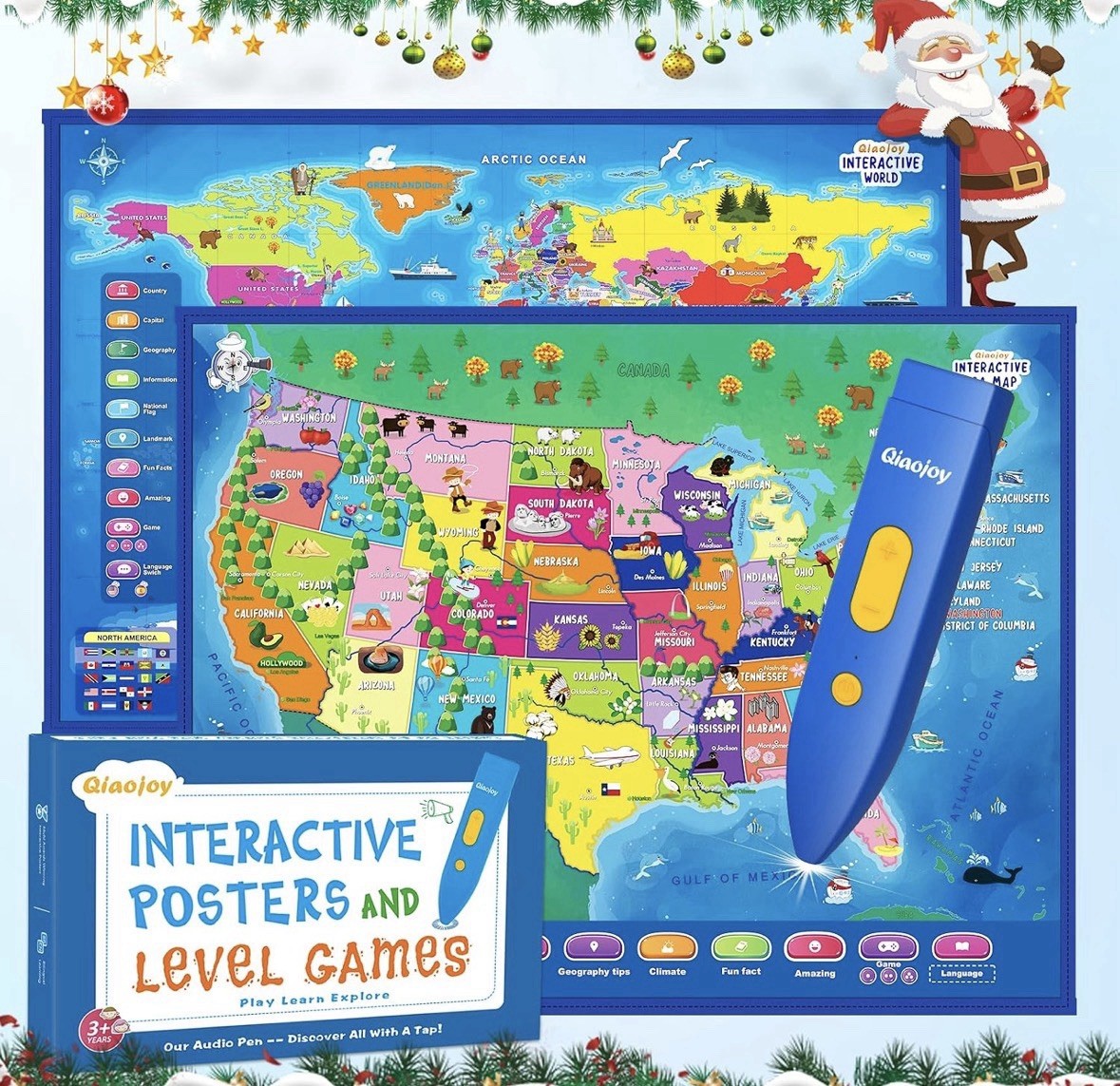 Qiaojoy Interactive World & USA Map Posters Set w/ Audio Pen, Ages 3+ Ret $69.99