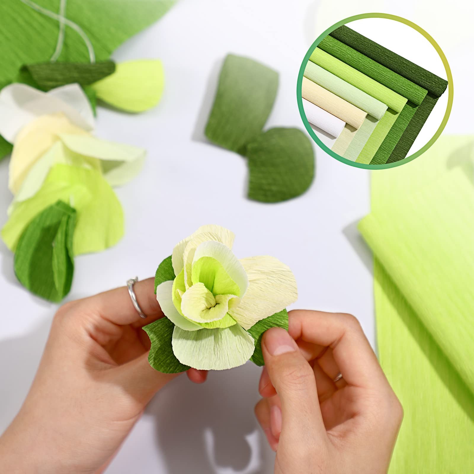 Gersoniel 57 Pcs Crepe Paper Flower DIY Kits 6 Rolls 35g Papel Green Series