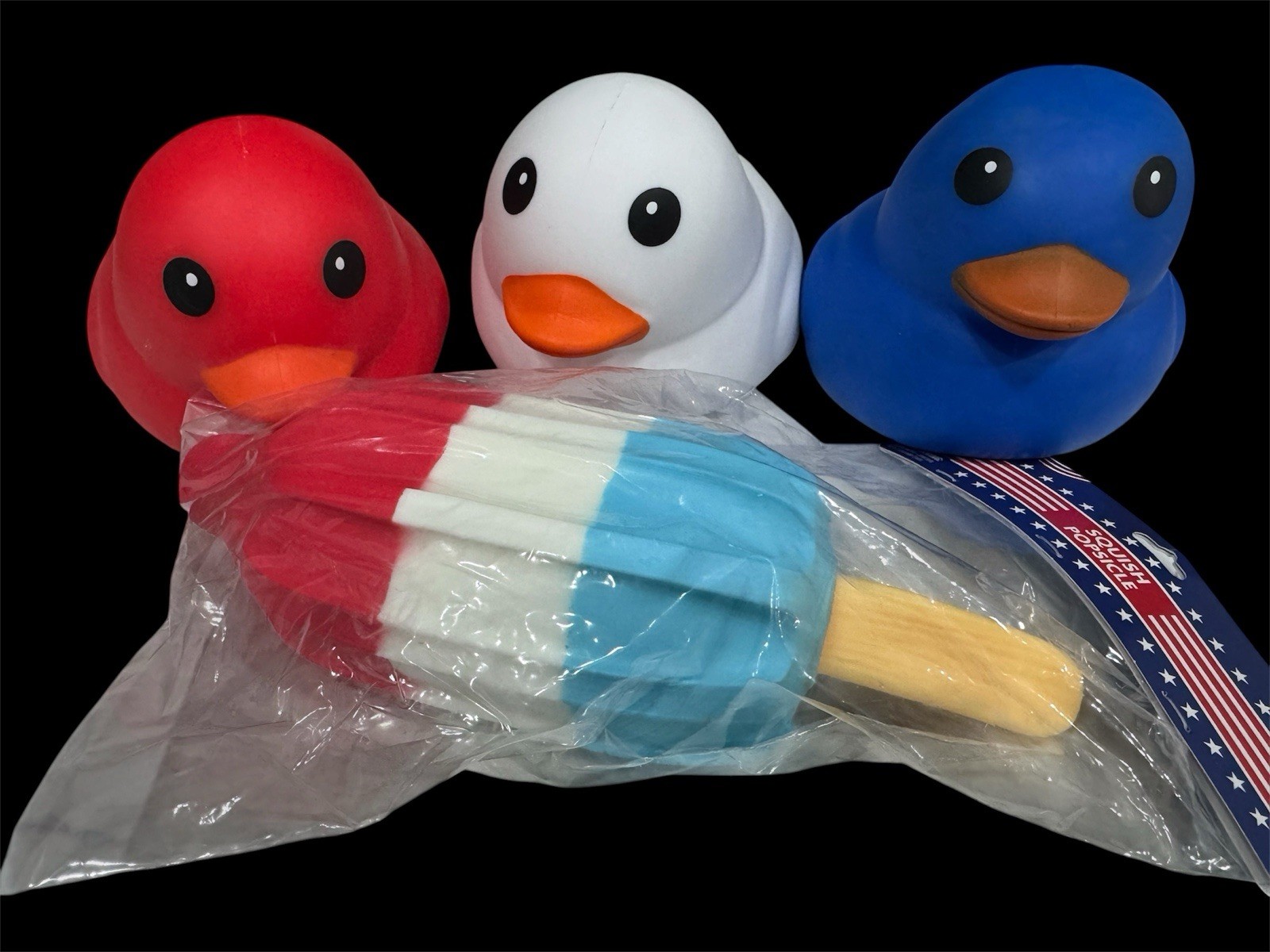 Sunny Days Jumbo Squeezy Ducks Red White Blue & Popsicle Toy Set of 4 New Rare