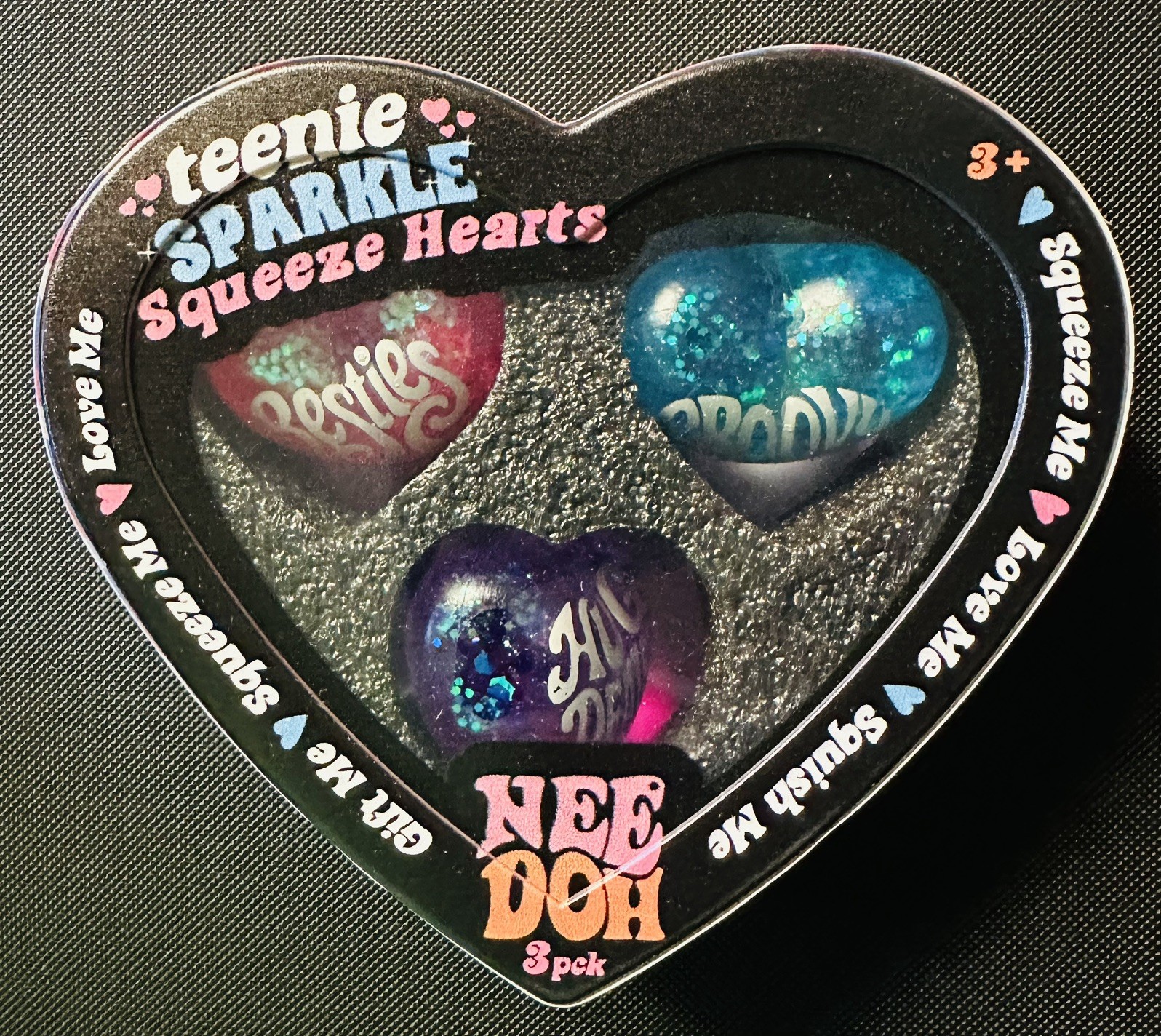 Unbranded NeeDoh Teenie SPARKLE Squeeze Hearts 3 Pack Pink Purple & Blue