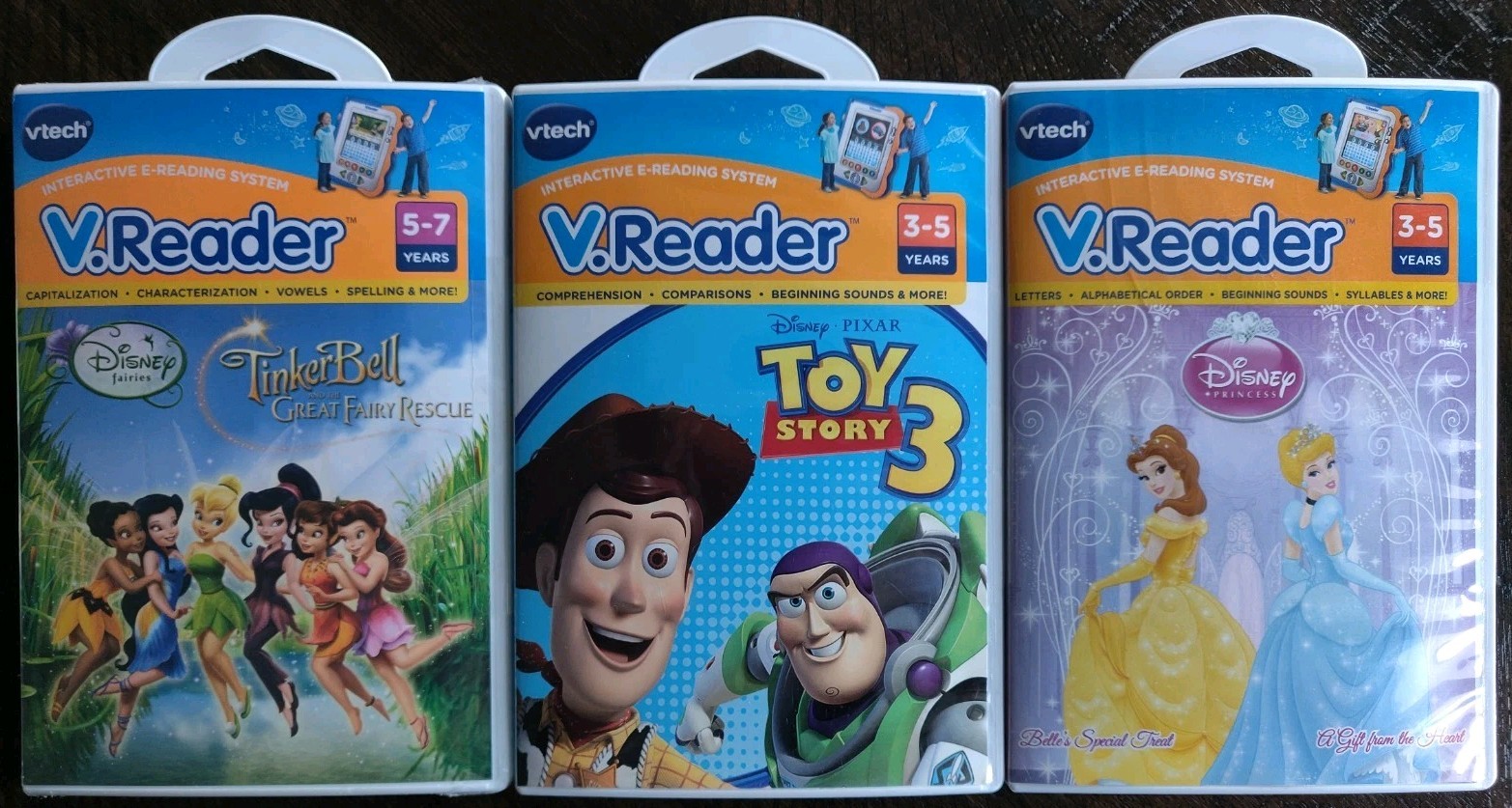 3 VTech V.Reader Toy Story 3 Disney Princess Tinkerbell E-Reading Cartridges