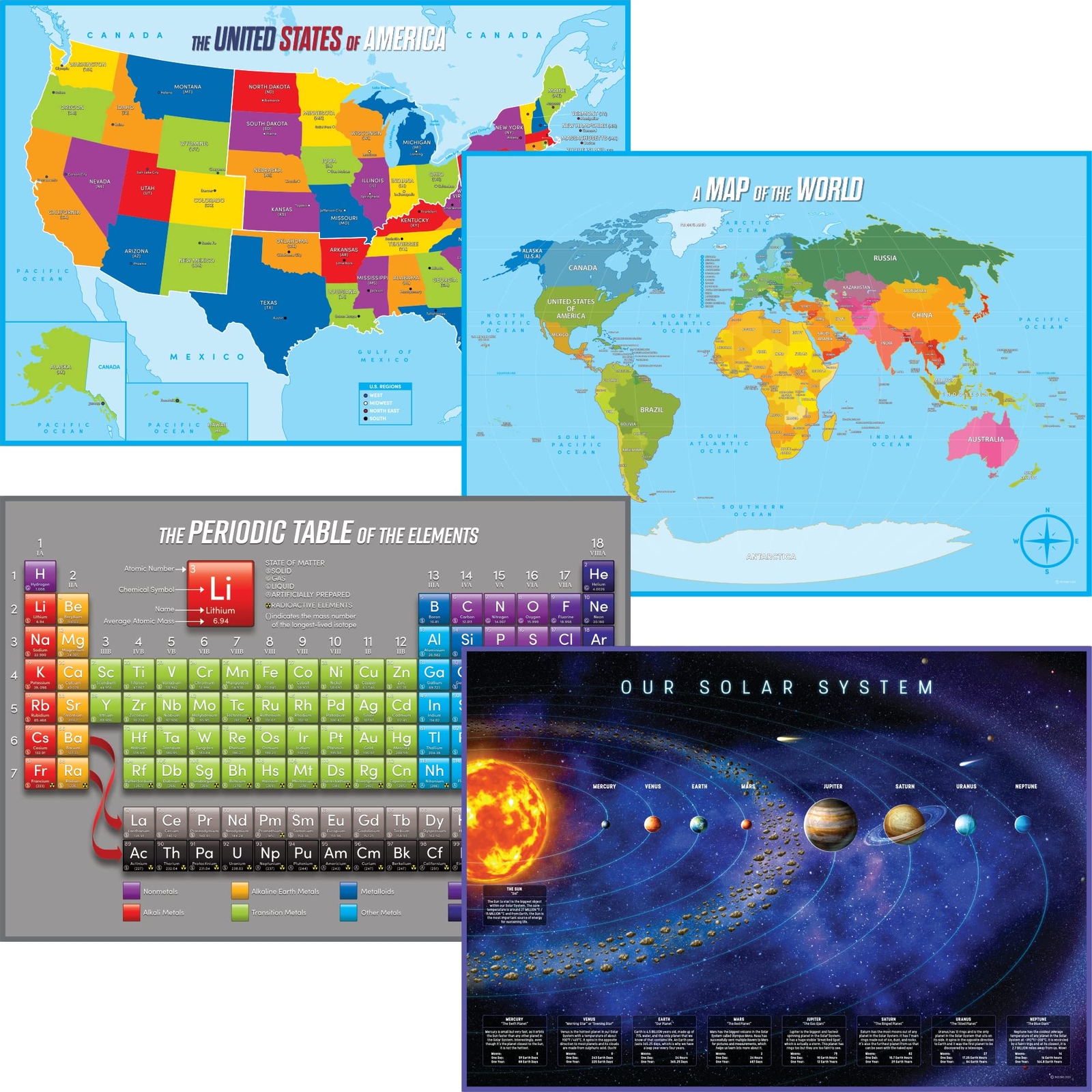 Solar System Periodic Table World USA Maps Classroom Home School Posters
