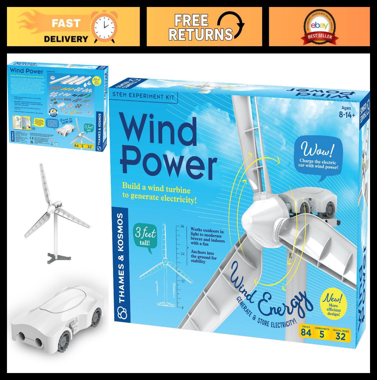 STEM Wind Power Experiment Kit – Build 3ft Wind Turbine, Explore Renewable Energ