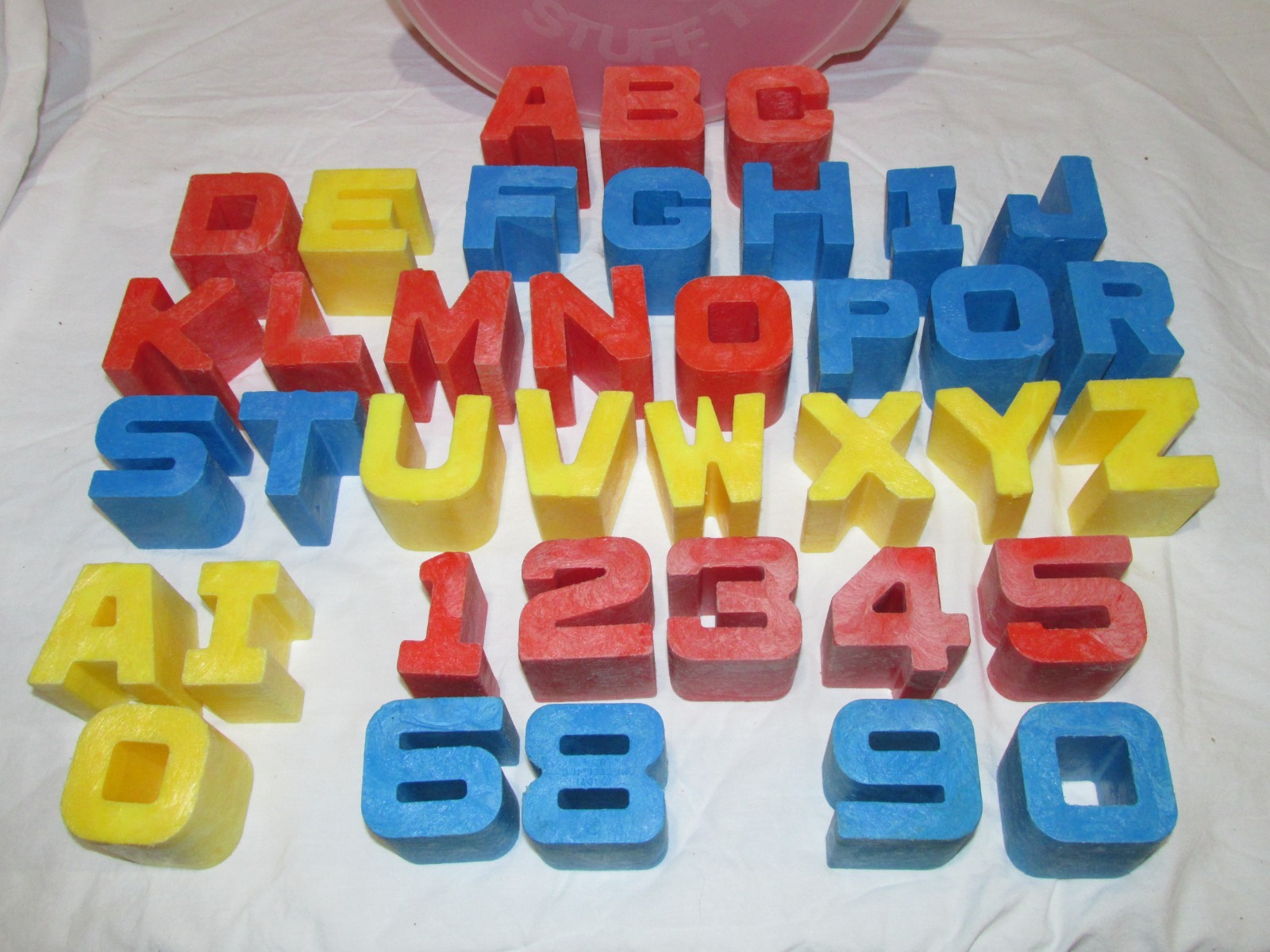 Vintage 1971 Mattel Tuff Stuff Alphabet Letter and Number Blocks with Bucket