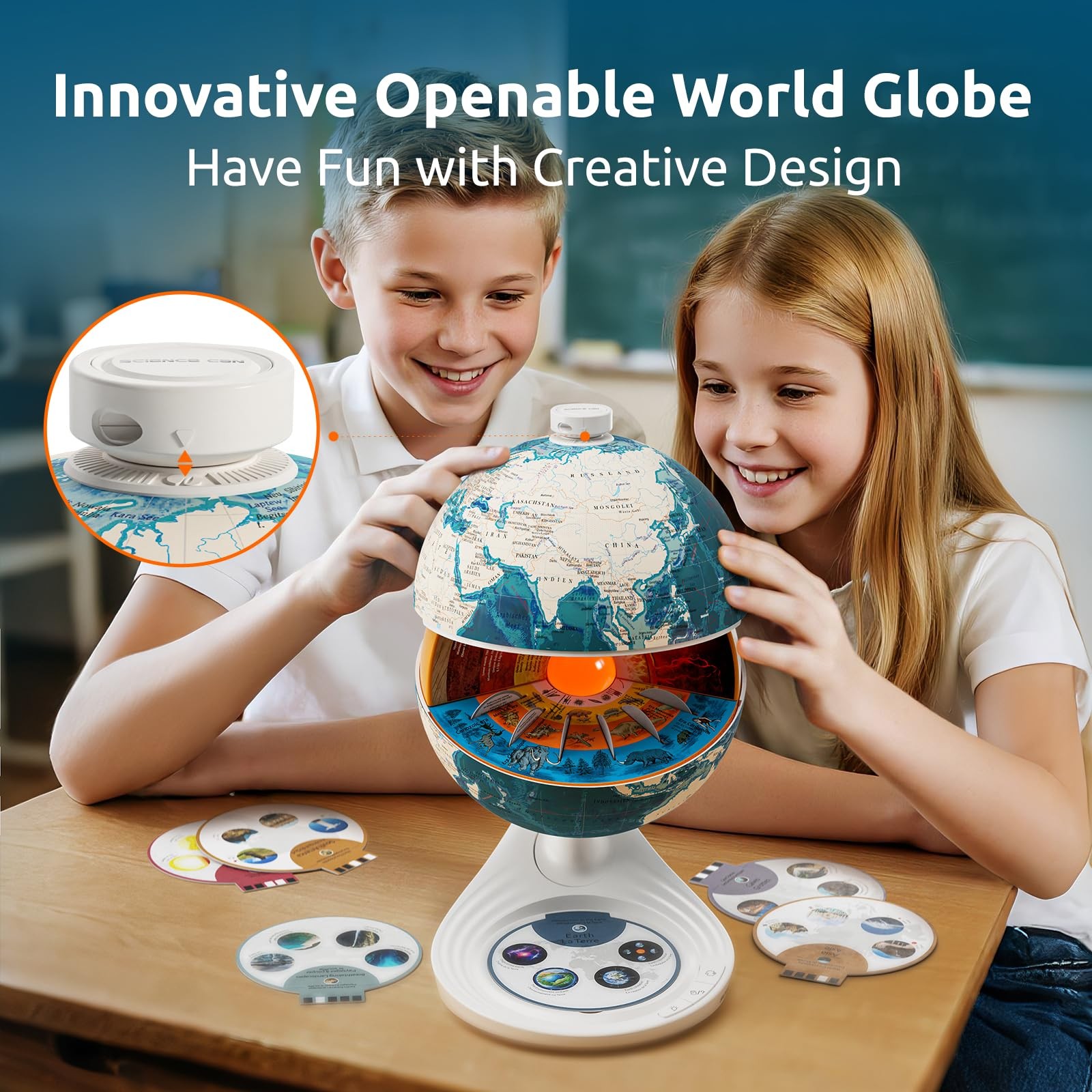 Science Can Openable Globe for Kids, 8 Inch Interactive World Globe, Blue