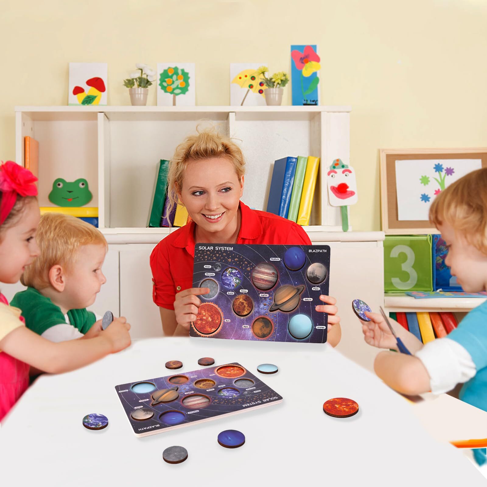 Wooden Solar System Puzzle for Kids 3-5 Montessori Planet Match Sensory Toy