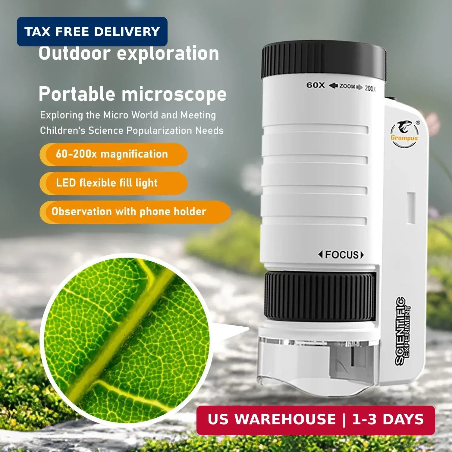 Grampus 60x-200x LED Pocket Microscope Portable Handheld STEM Toy for Kids Adult