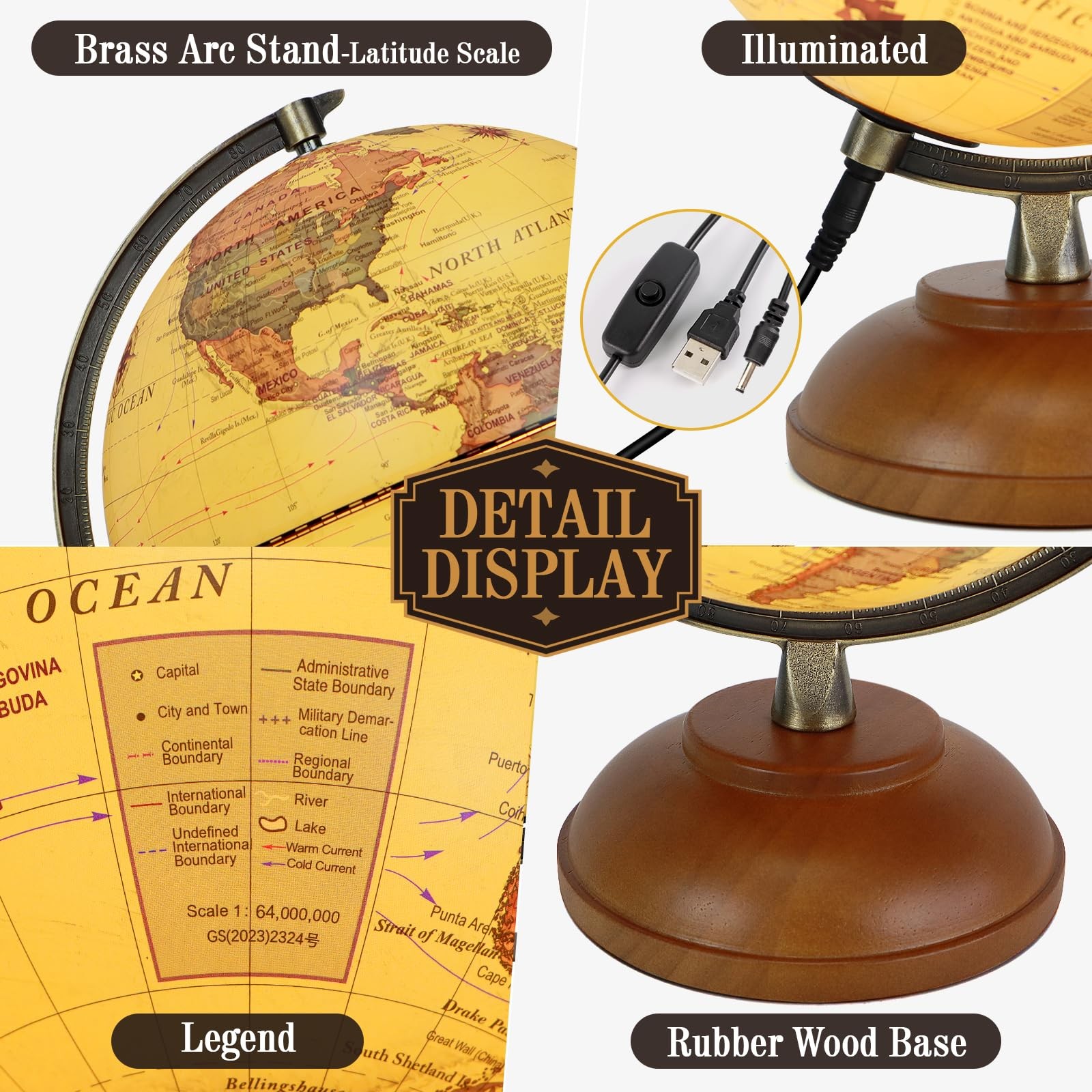 Illuminated World Globe with Wood Stand, 8” Vintage Globes 8 inch