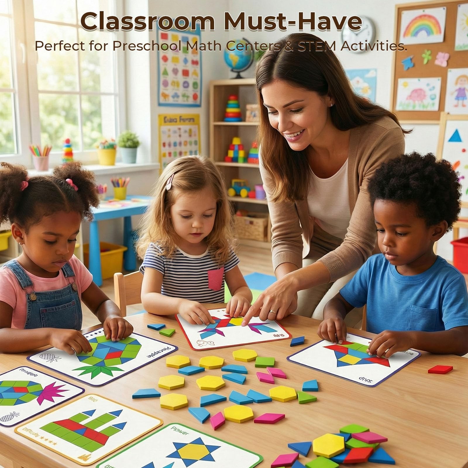 Wooden Pattern Blocks Geometric Shapes Tangram Puzzle Kids Montessori Toy