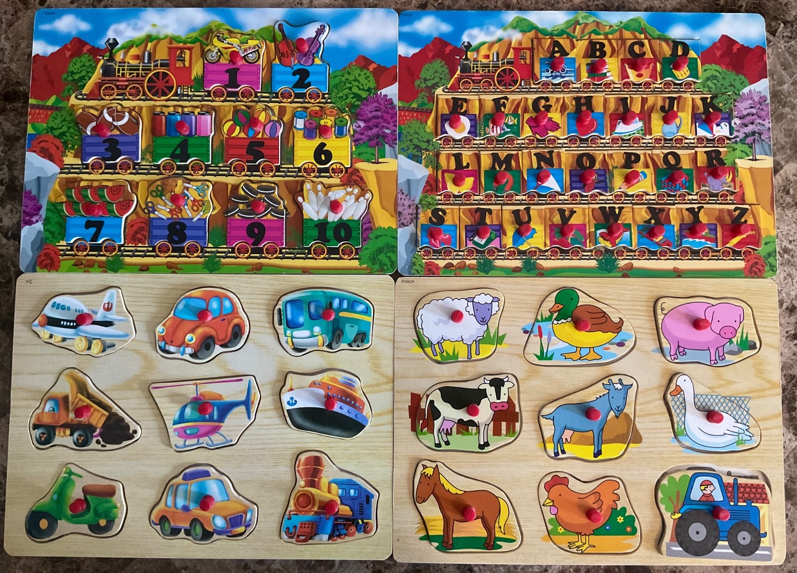 Lot of 4 Educational Wooden Peg Puzzles: Numbers, Letters, Vehicles, & Animals