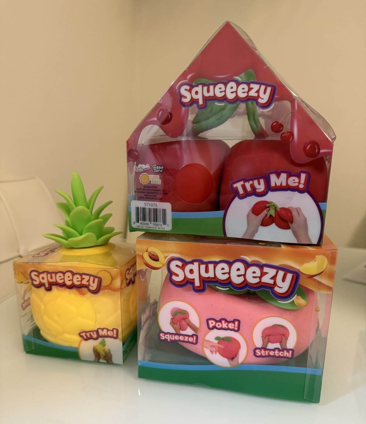 Squeeezy Fruit Tactile Squeeze Toys Lot of 3 Peach Cherry and Pineapple