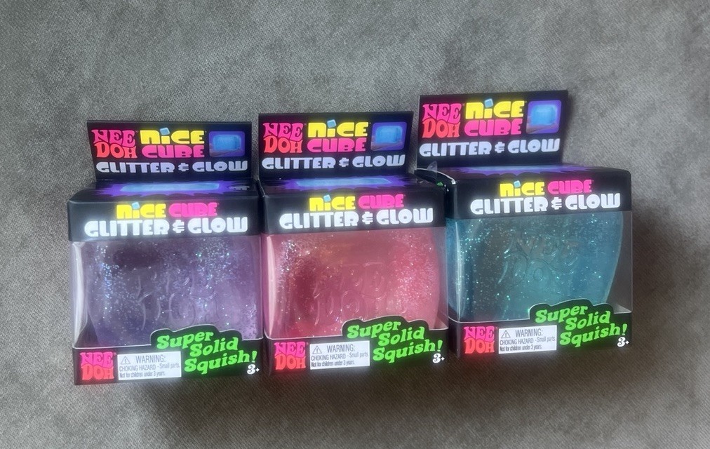 Lot Of 3 Needoh Nice Cube Glitter And Glow. Pink, Purple And Blue!