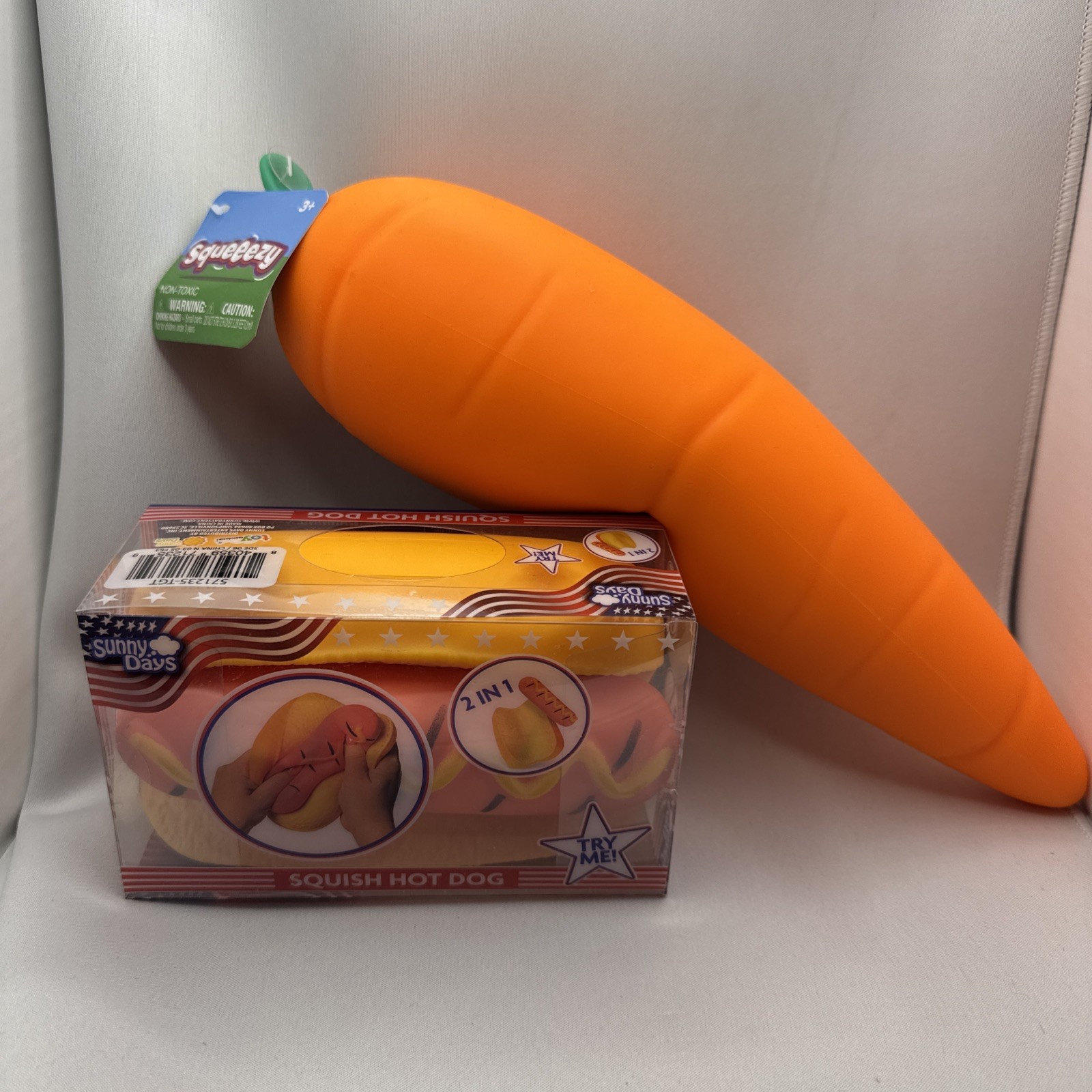 Sunny Days (Lot of 2) Squish Hot Dog 2 in 1 Squeeze Toy and Squeezy Carrot