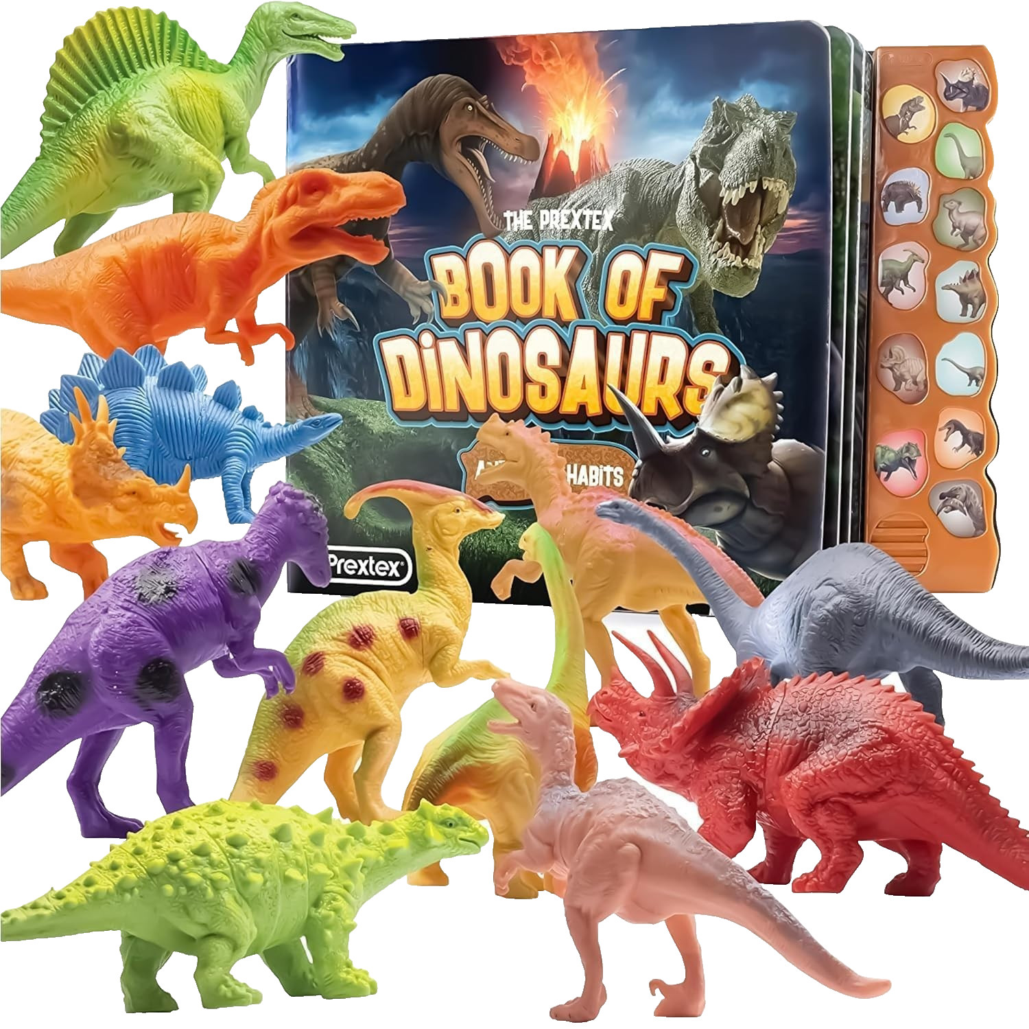 PREXTEX Dinosaur Button Sound Book With 12 Dinosaur Figurines, Ages 3+