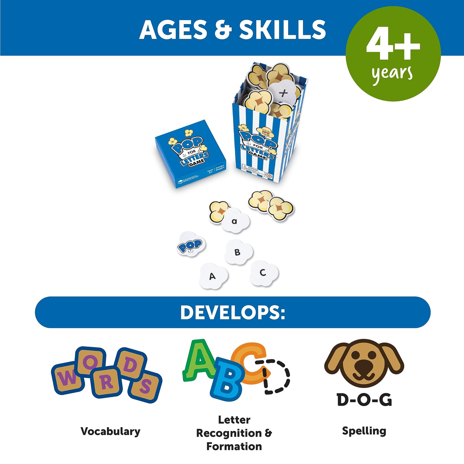 100 Piece Alphabet Popcorn Game for Kids Letter Recognition Age 4 and Up