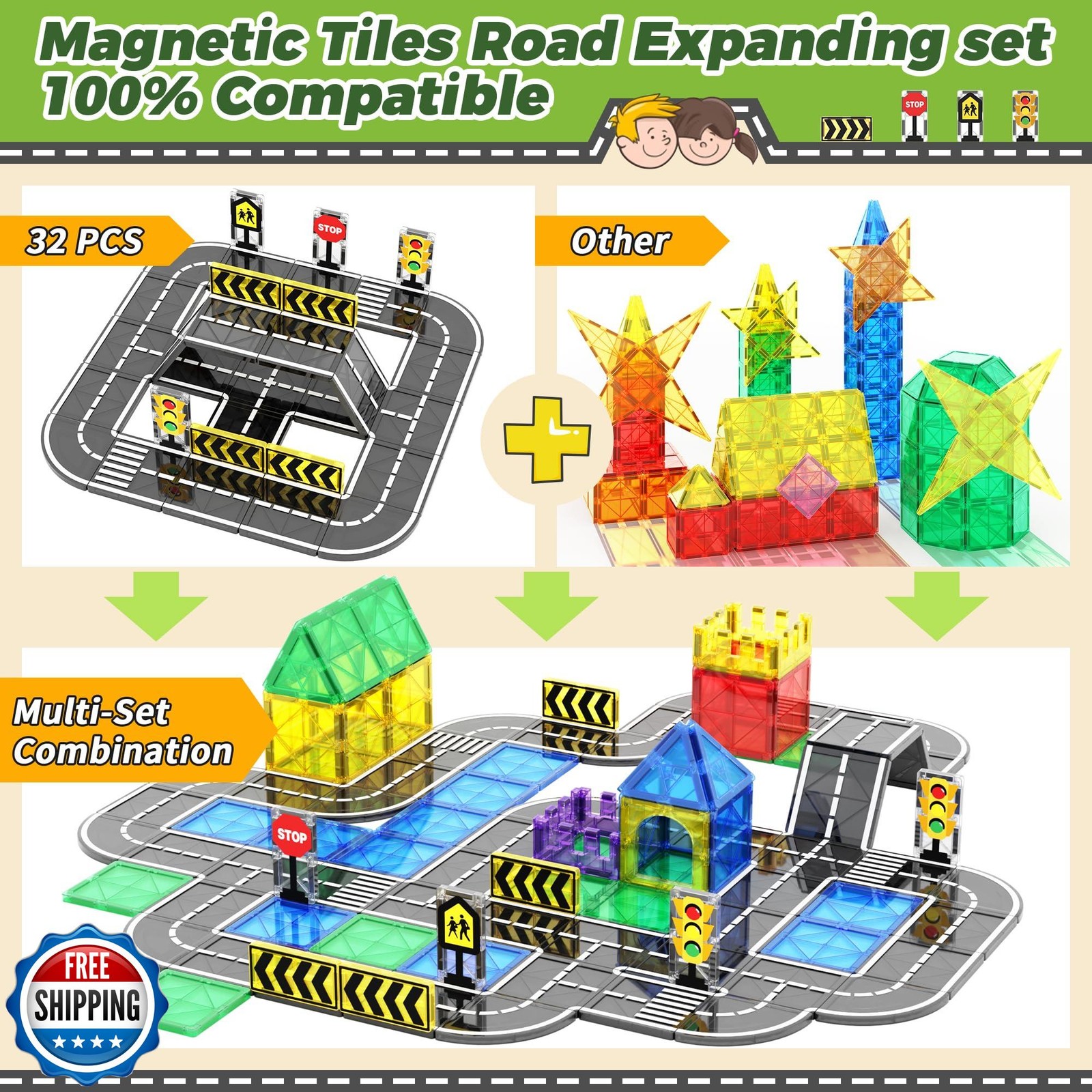 Goodtiles Magnetic Tiles Road Expansion Set, STEM Magnetic Building Blocks fo