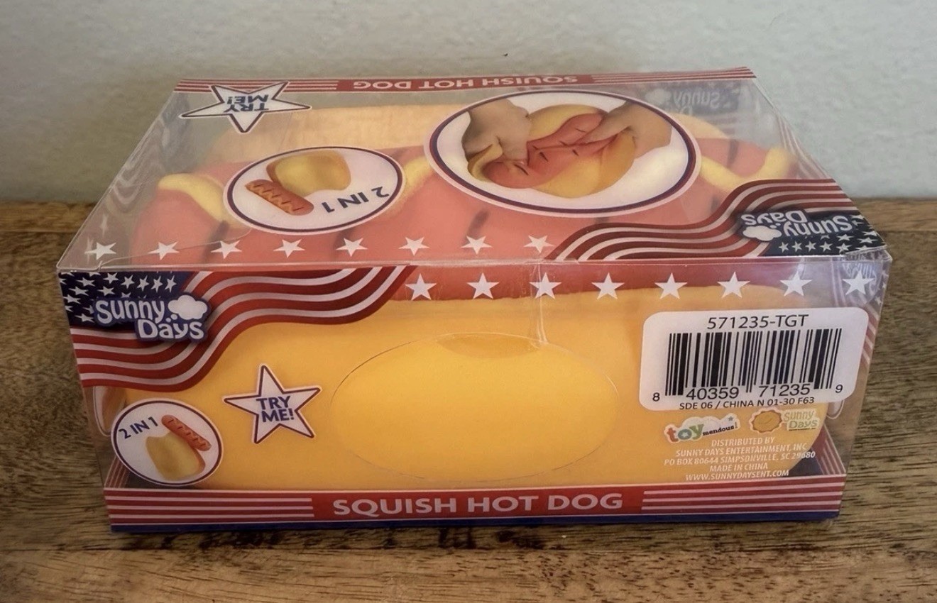 Squishy Hot Dog Squeezy Fidget Toy Sunny Days 2-in-1 Hotdog Stress Relief NEW
