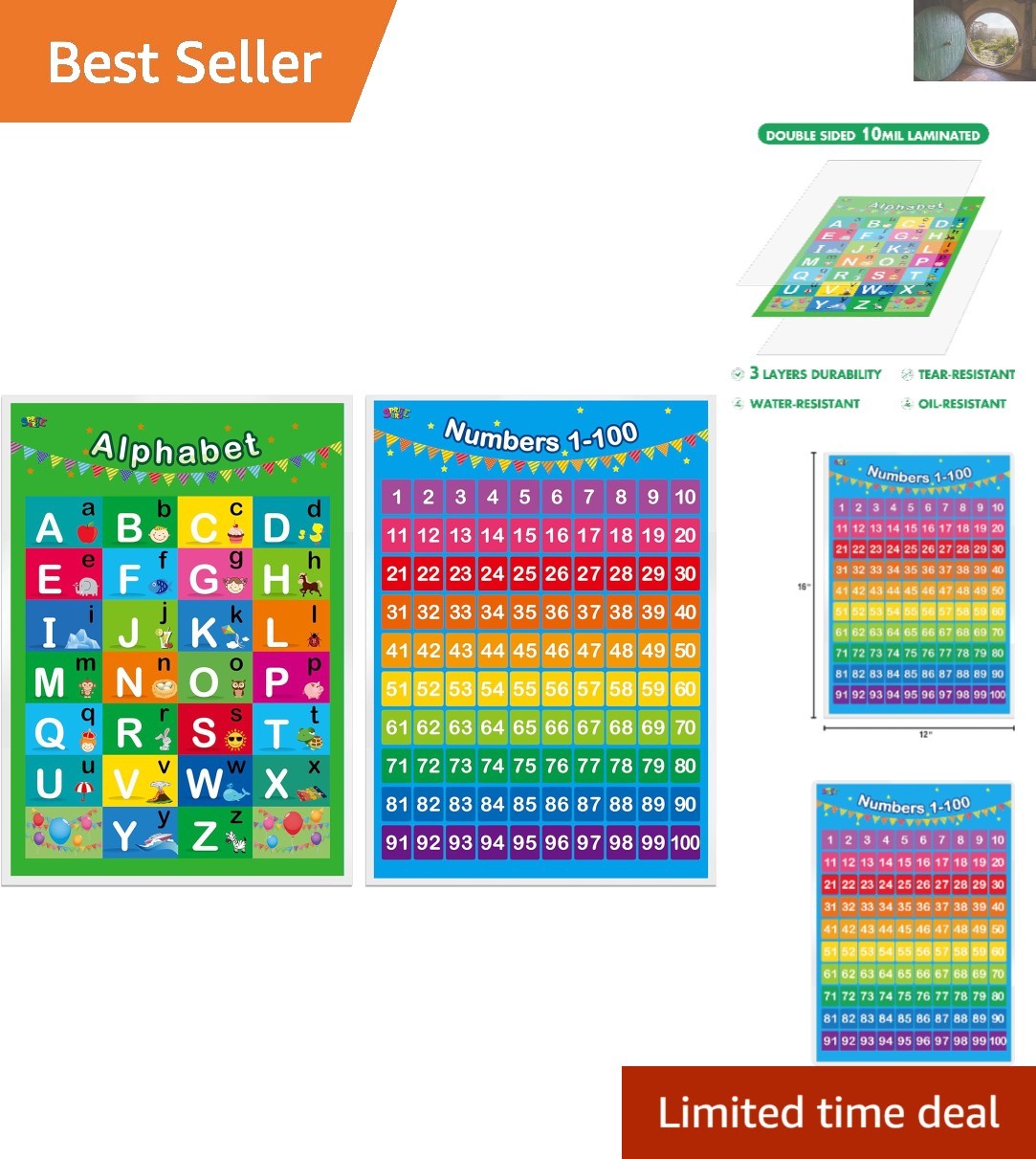 Vibrant Laminated Educational Posters: Alphabet & Numbers for Toddlers (2 Count)
