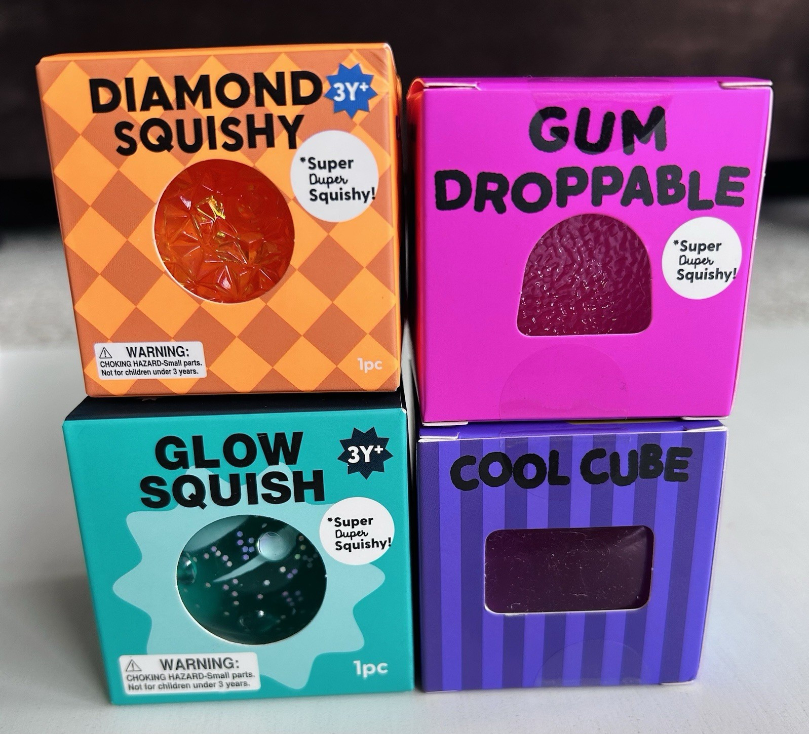 RARE J’adore Super Duper Squishy 4-Pack Diamond, Glow, Cube, Gum Droppable